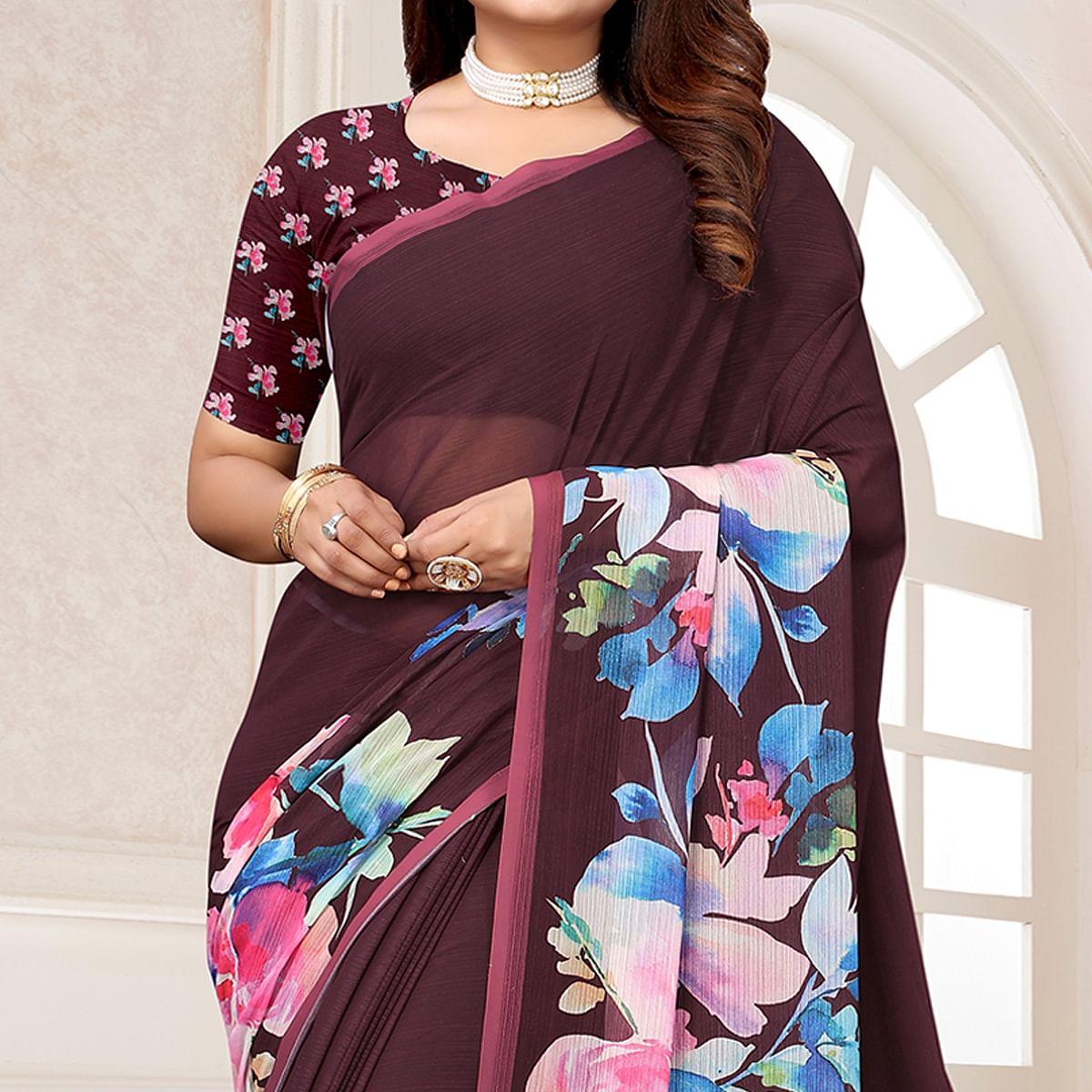 Wine Digital Printed Georgette Saree - Peachmode