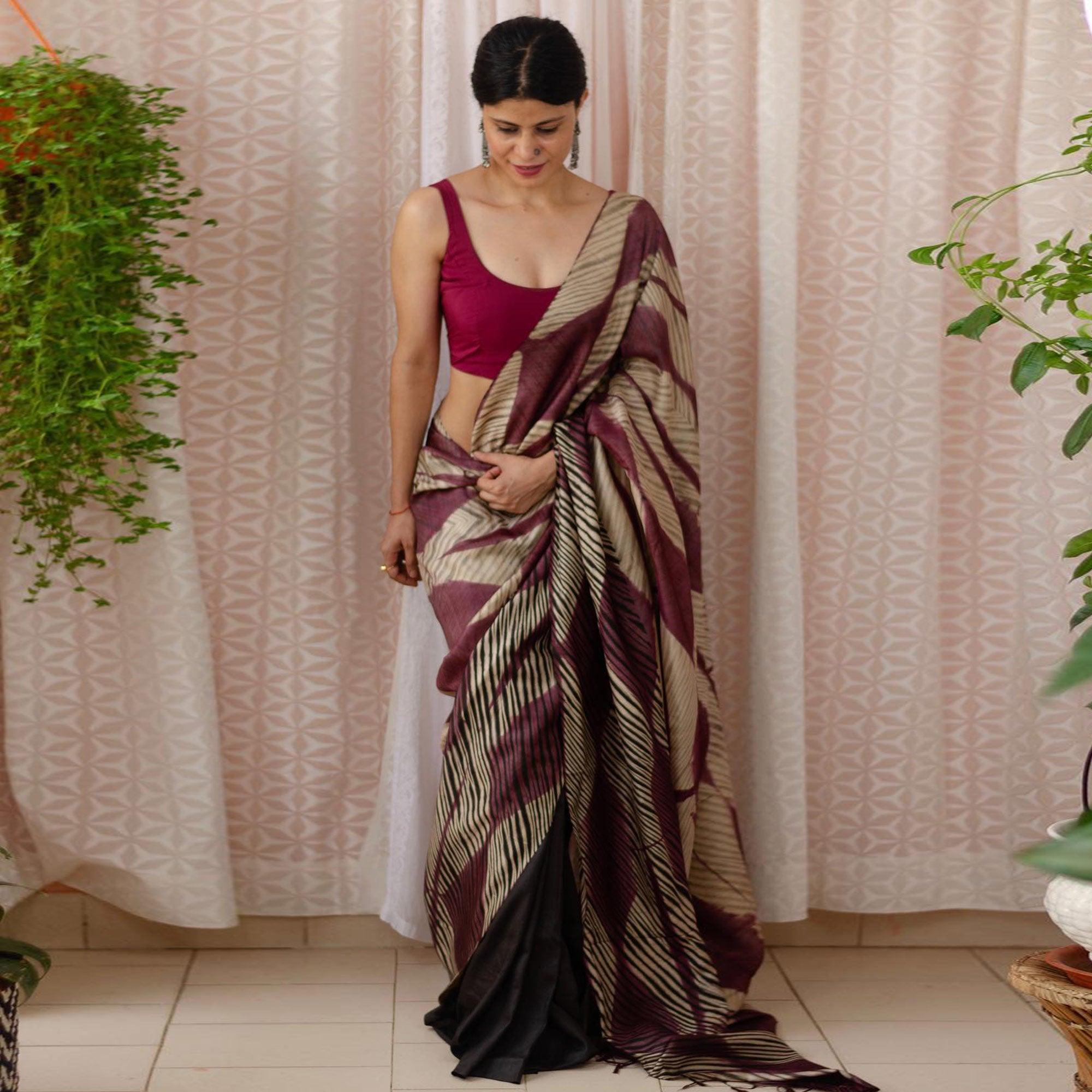 Wine Digital Printed Linen Half and Half Saree - Peachmode