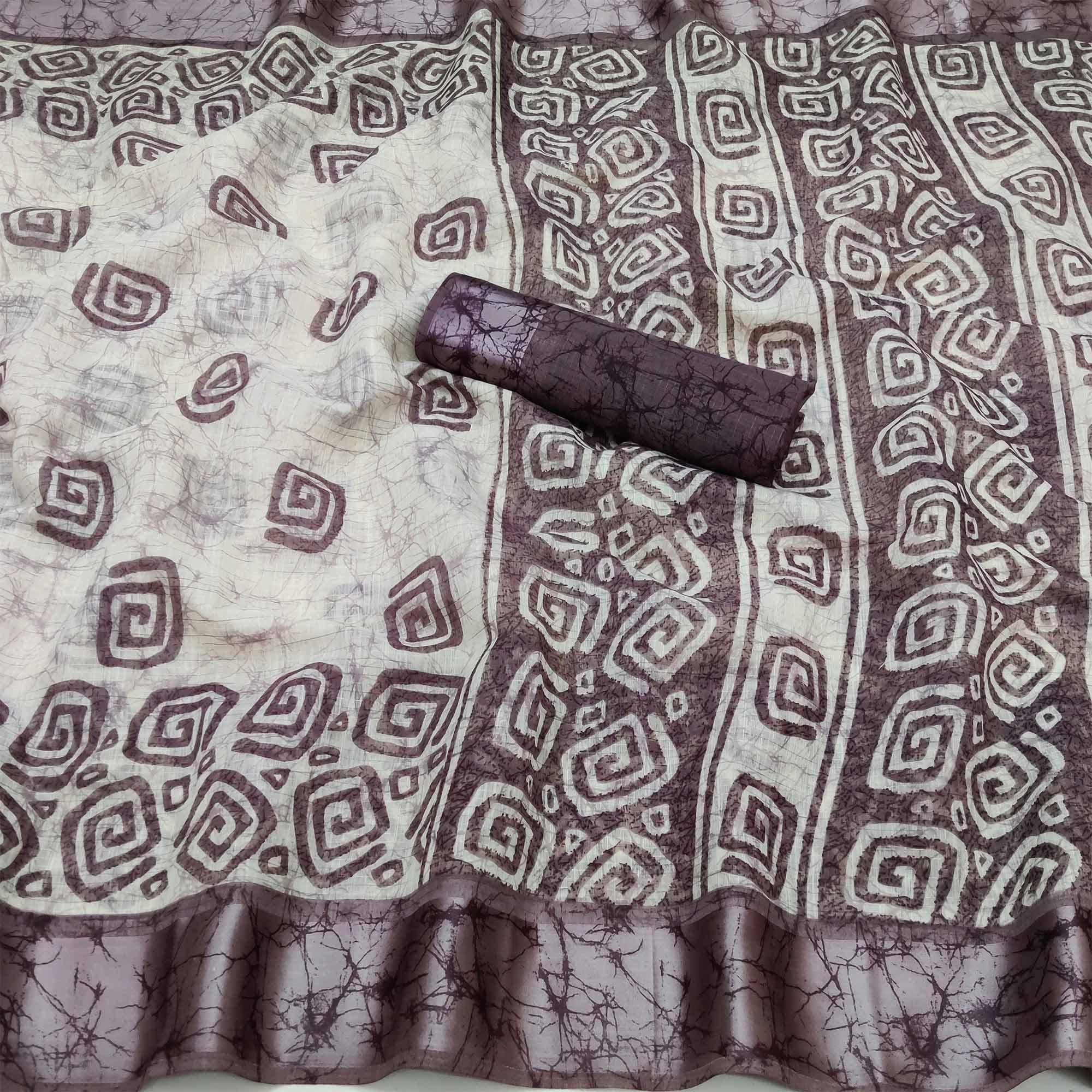 Wine Digital Printed Linen Saree - Peachmode