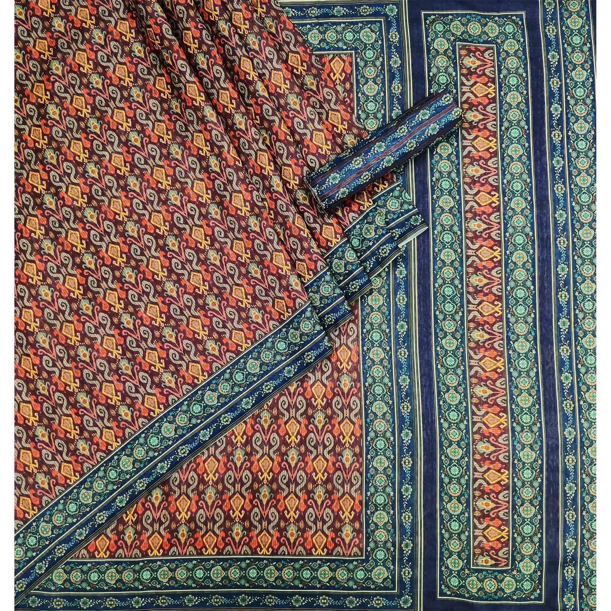 Wine Digital Printed Pure Cotton Saree - Peachmode