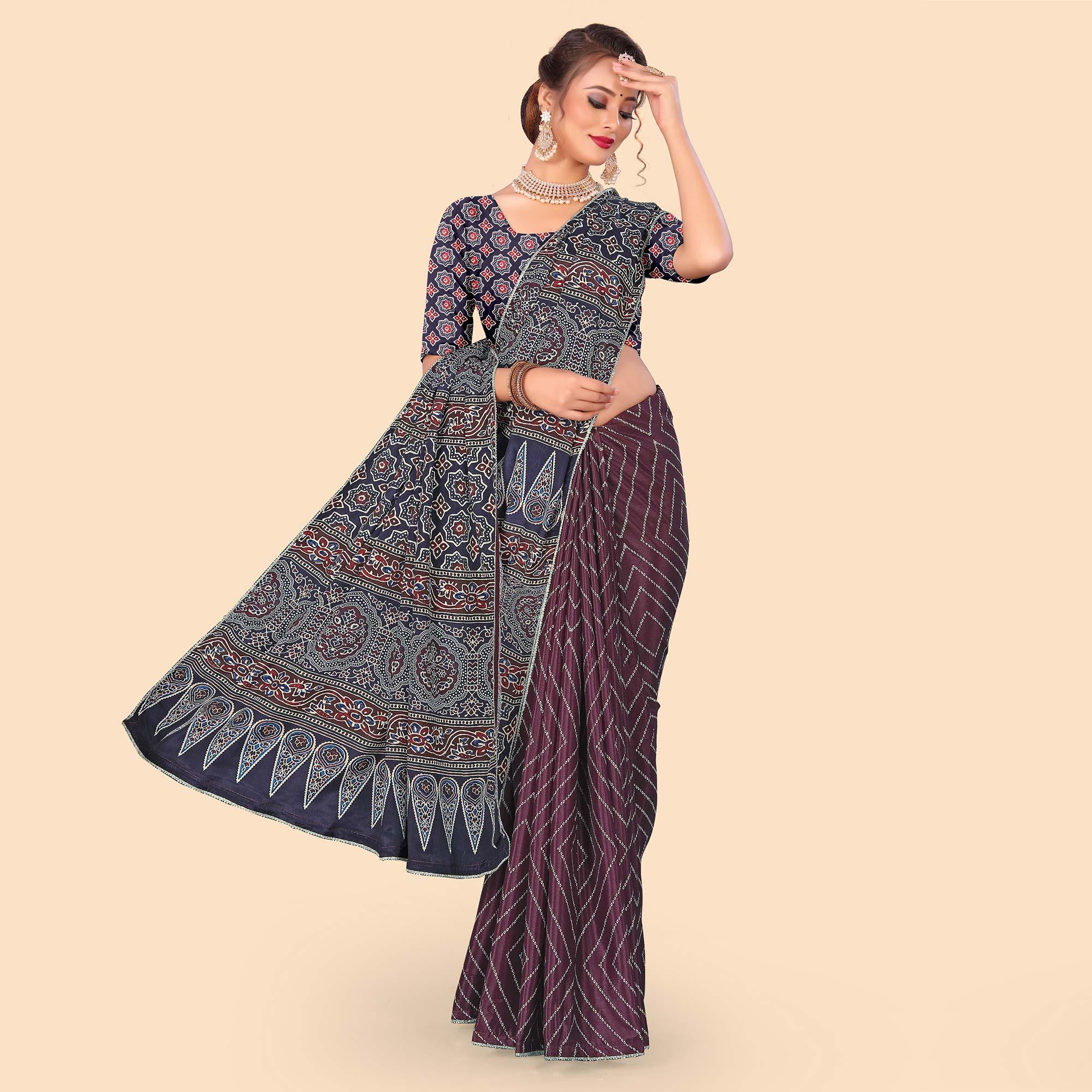 Wine Digital Printed With Fancy Border Chiffon Saree - Peachmode