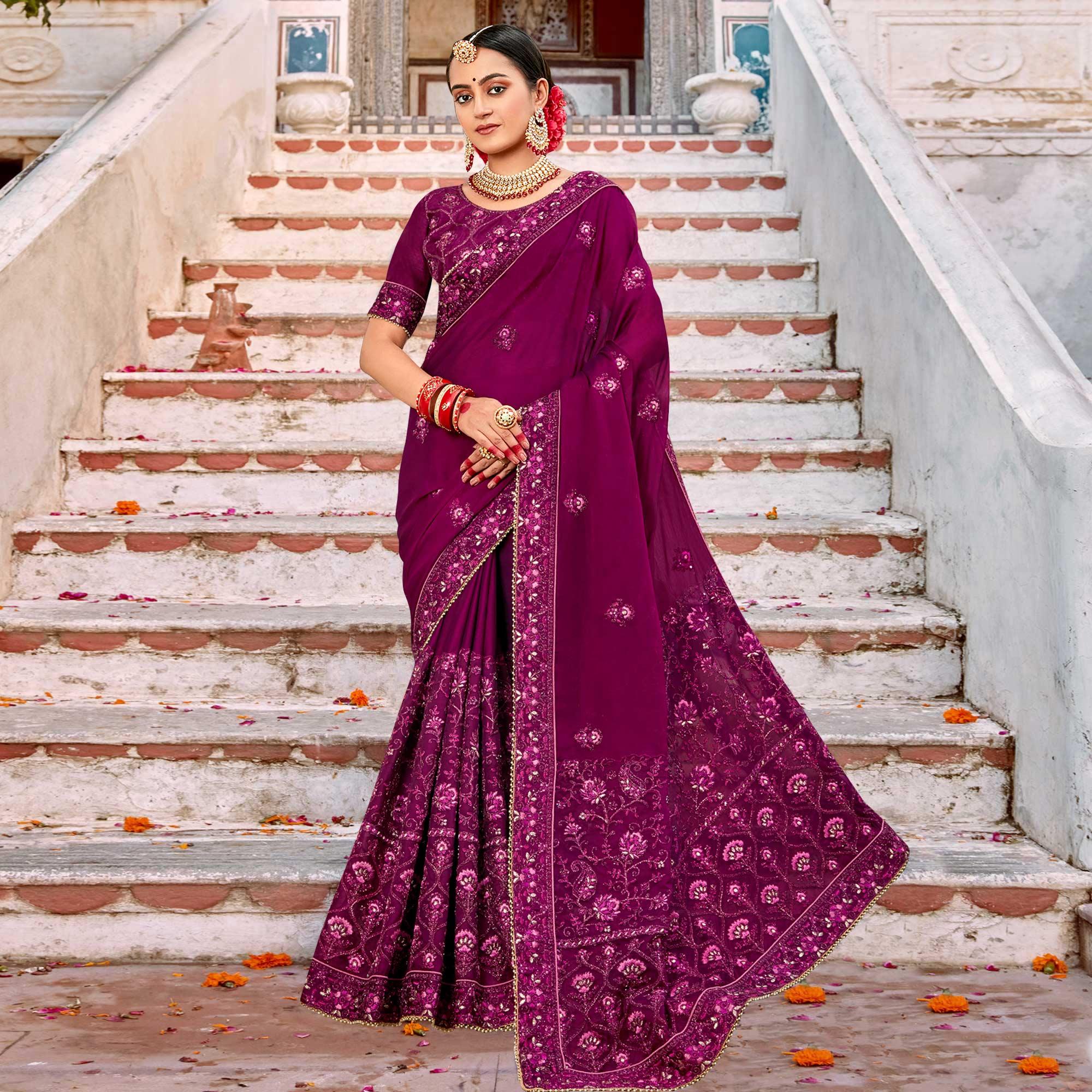 Wine Embellished With Embroidered Art Silk Saree - Peachmode