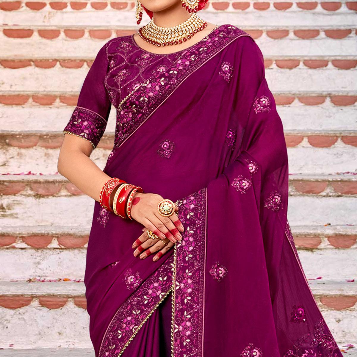 Wine Embellished With Embroidered Art Silk Saree - Peachmode