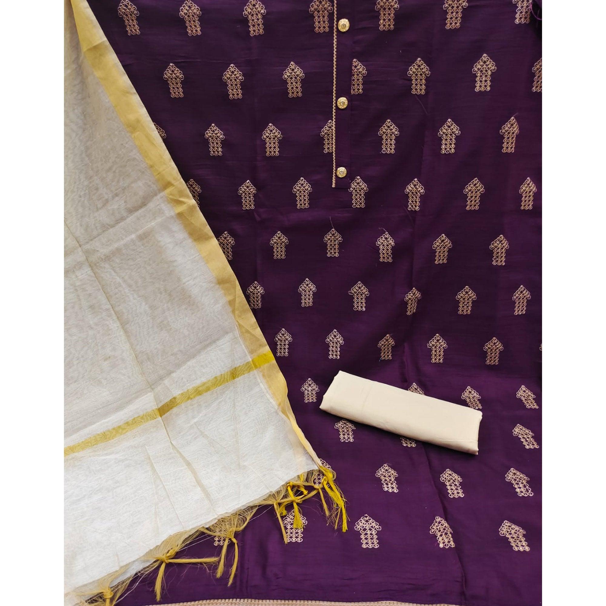 Wine Embellished With Embroidered Cotton Blend Dress Material - Peachmode