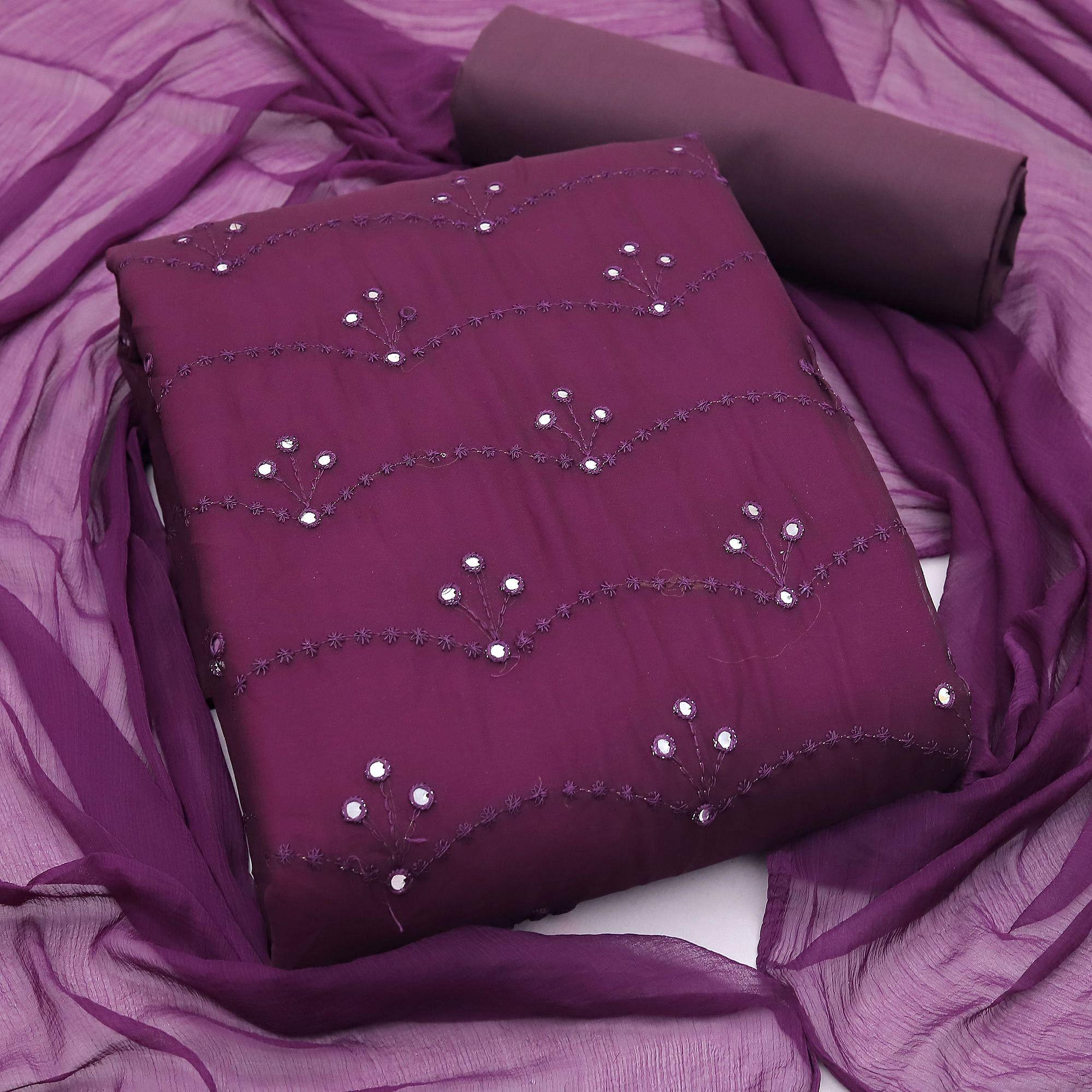Wine Embellished With Embroidered Georgette Dress Material - Peachmode