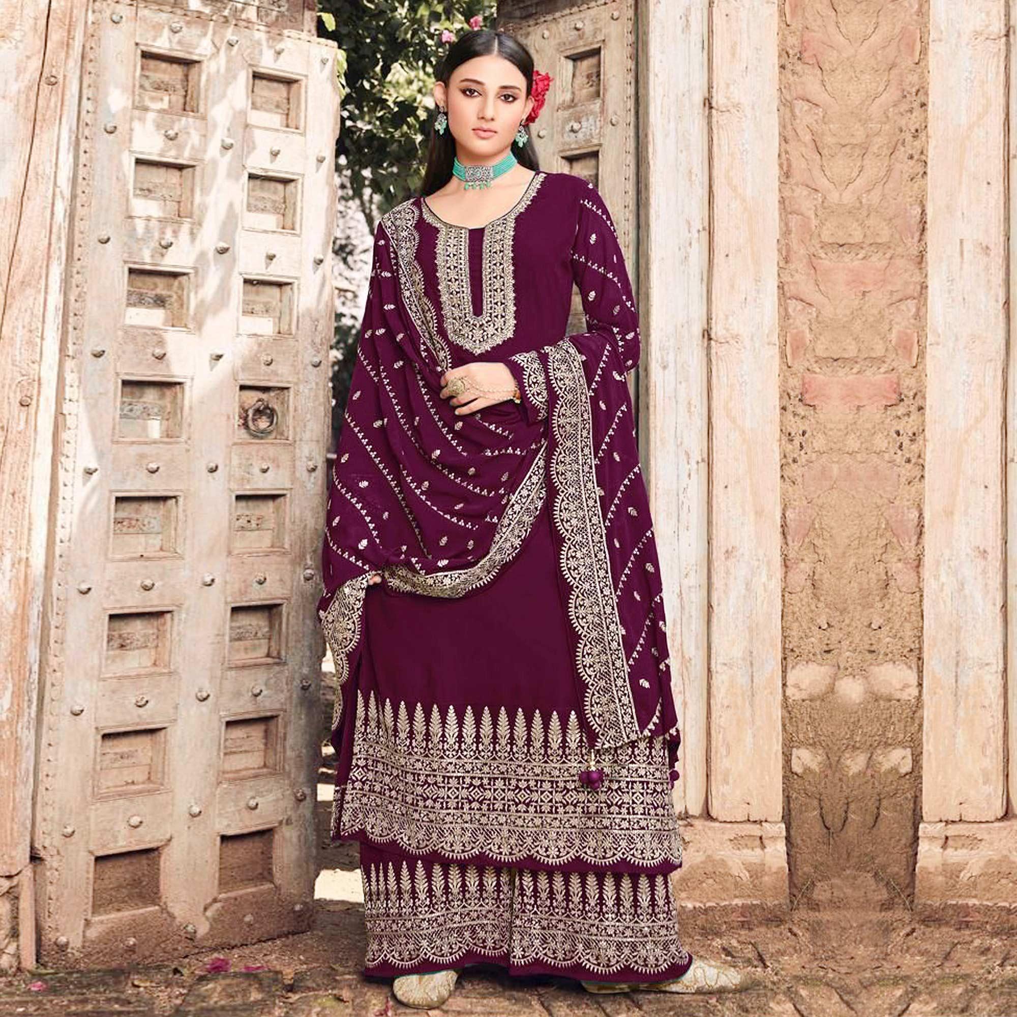 Wine Embellished With Embroidered Georgette Palazzo Suit - Peachmode