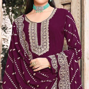 Wine Embellished With Embroidered Georgette Palazzo Suit - Peachmode