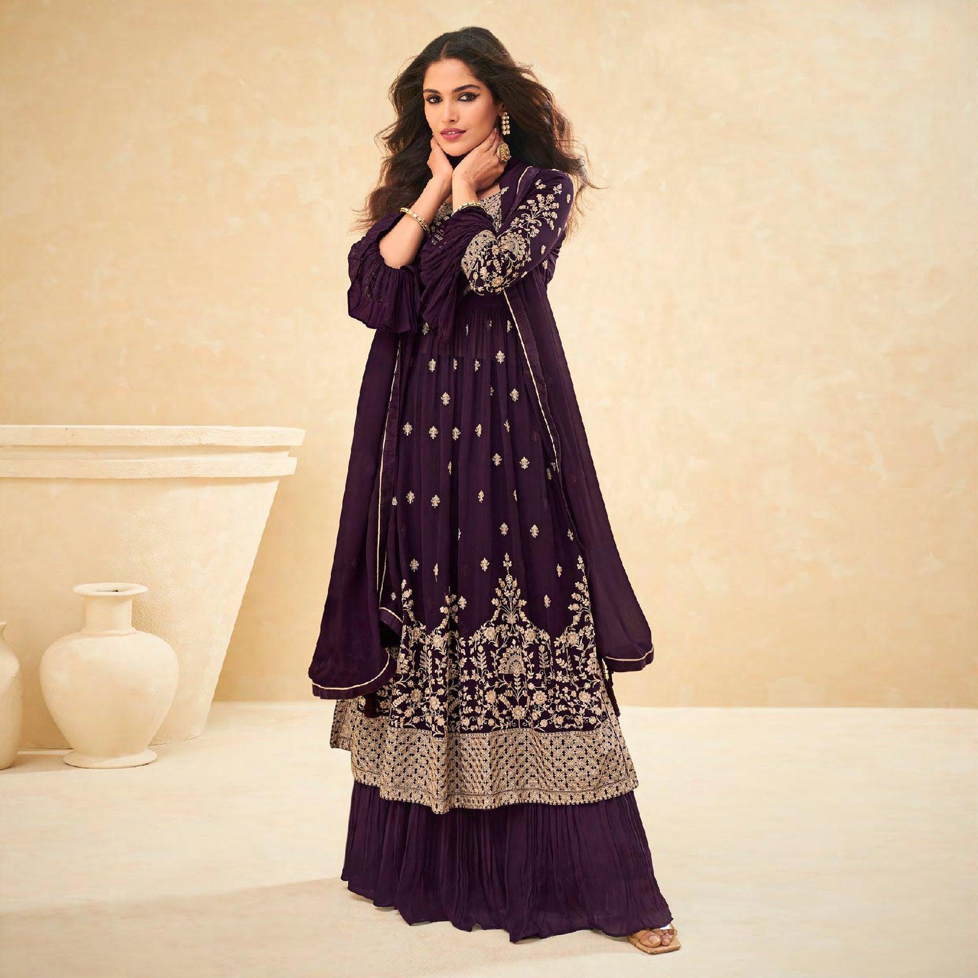 Wine Embellished With Embroidered Georgette Palazzo Suit - Peachmode