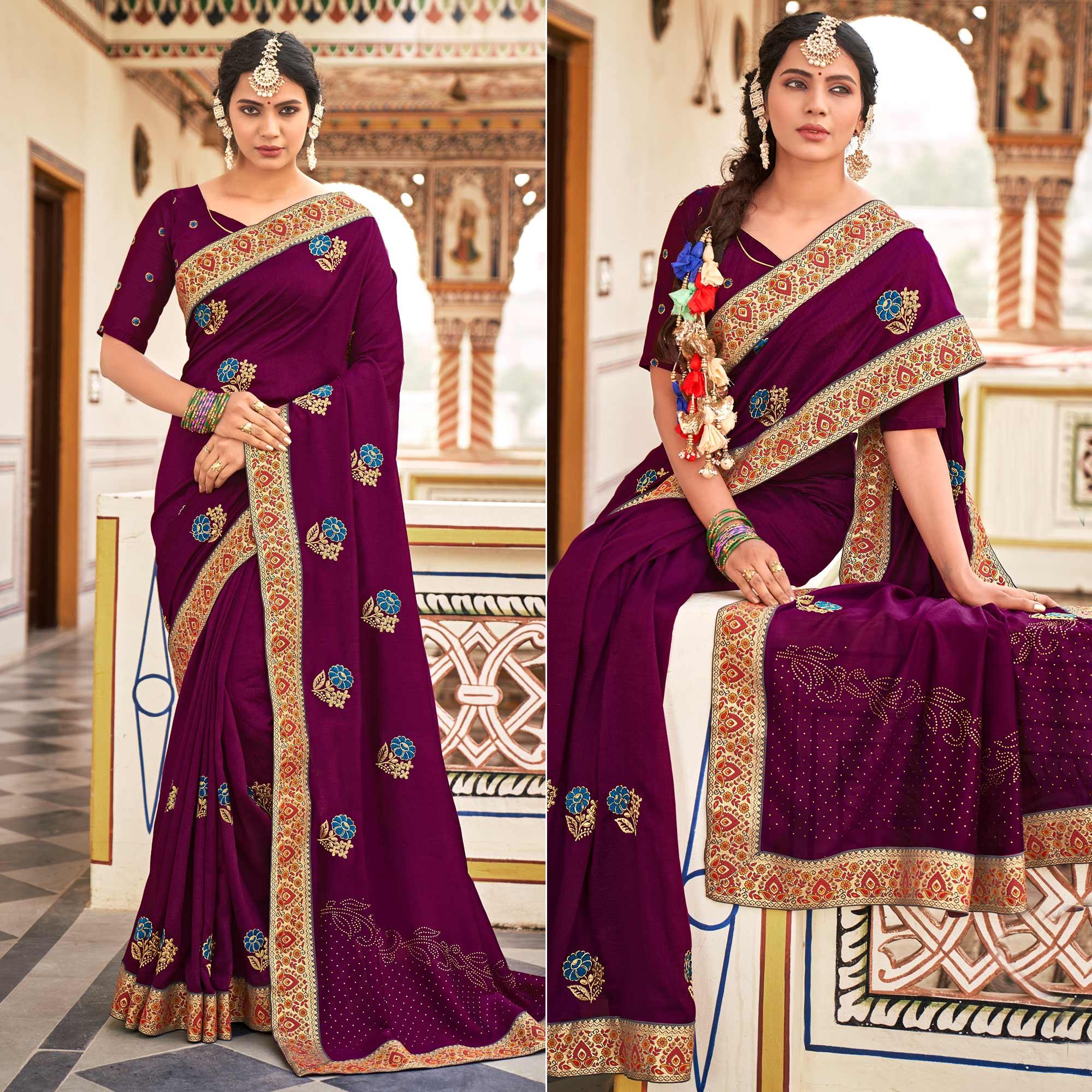 Wine Embellished With Embroidered Vichitra Silk Saree - Peachmode