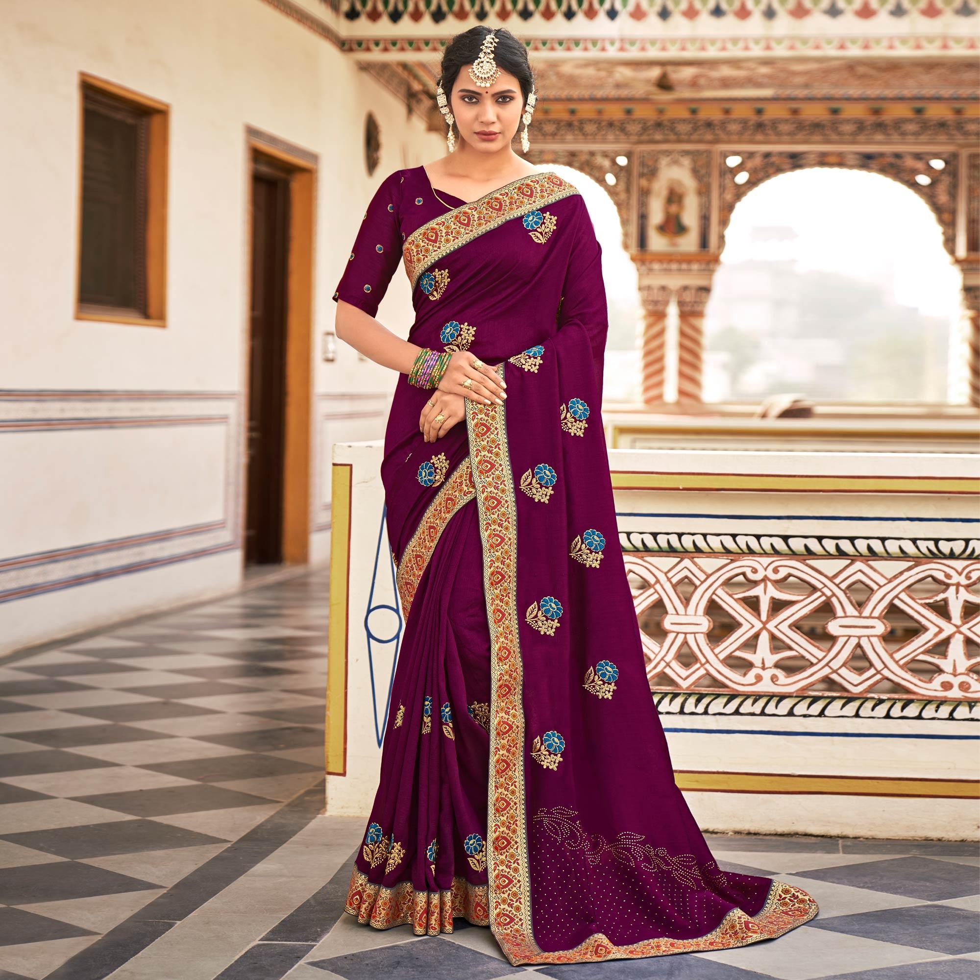 Wine Embellished With Embroidered Vichitra Silk Saree - Peachmode