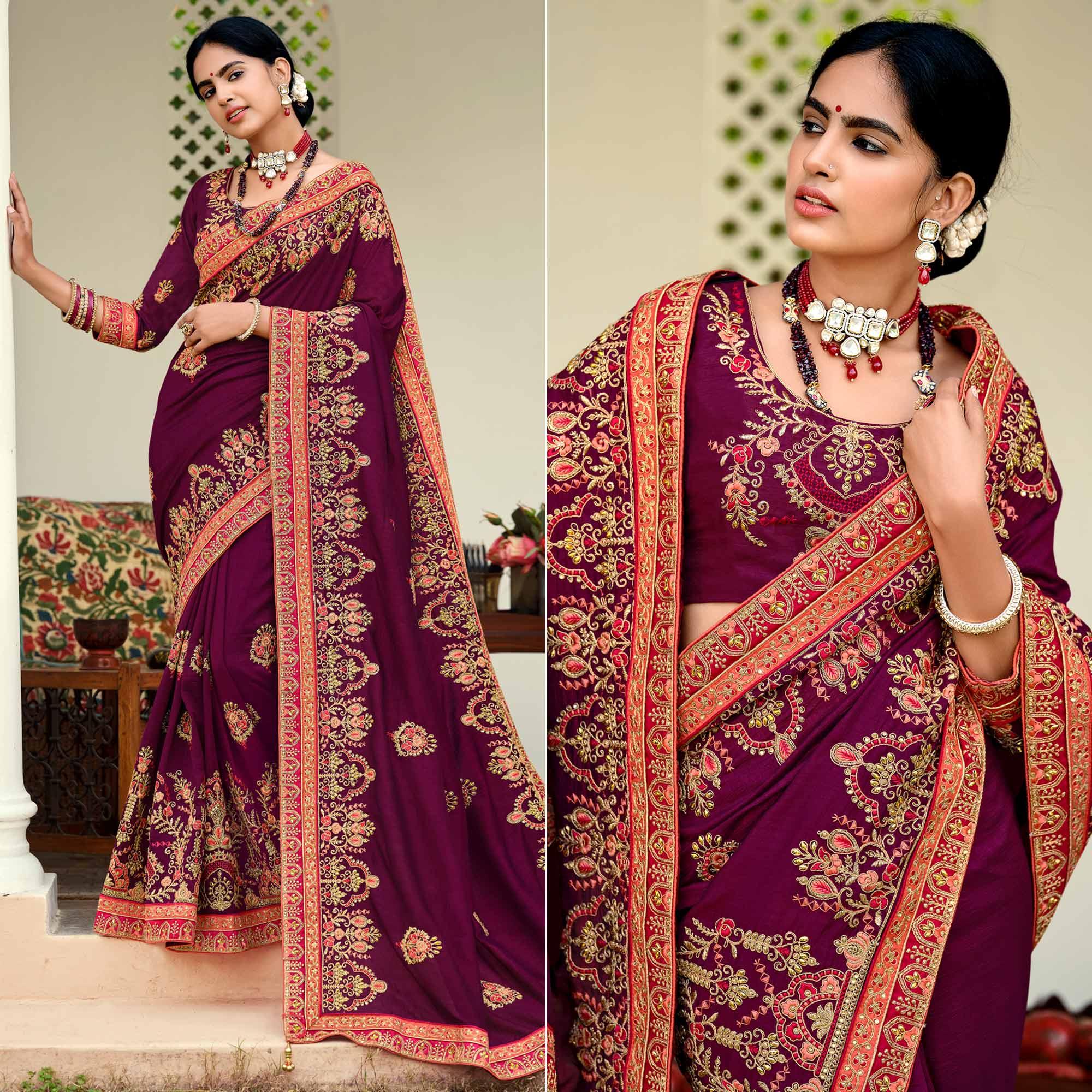 Wine Embellished With Embroidered Vichitra Silk Saree With Tassels - Peachmode