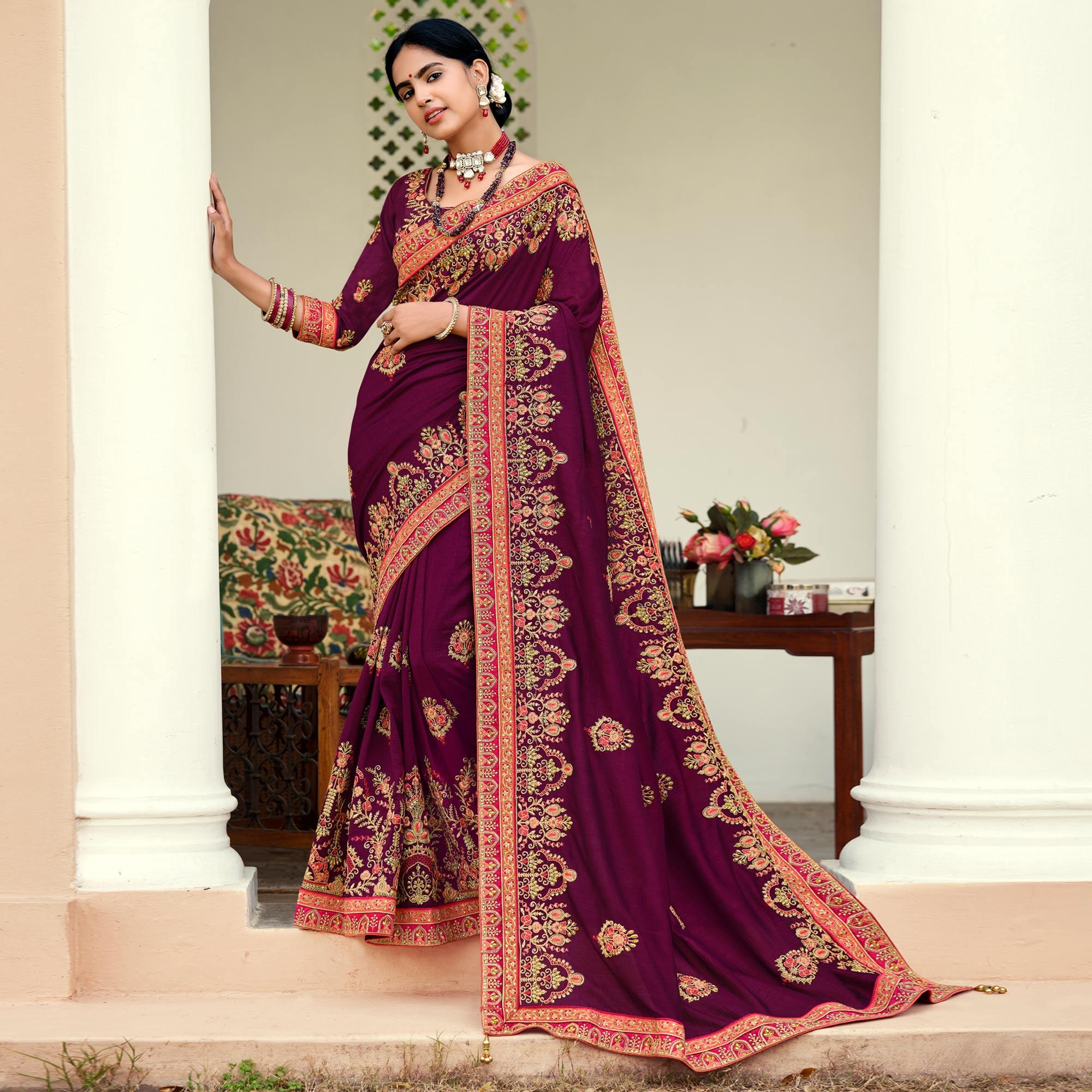 Wine Embellished With Embroidered Vichitra Silk Saree With Tassels - Peachmode