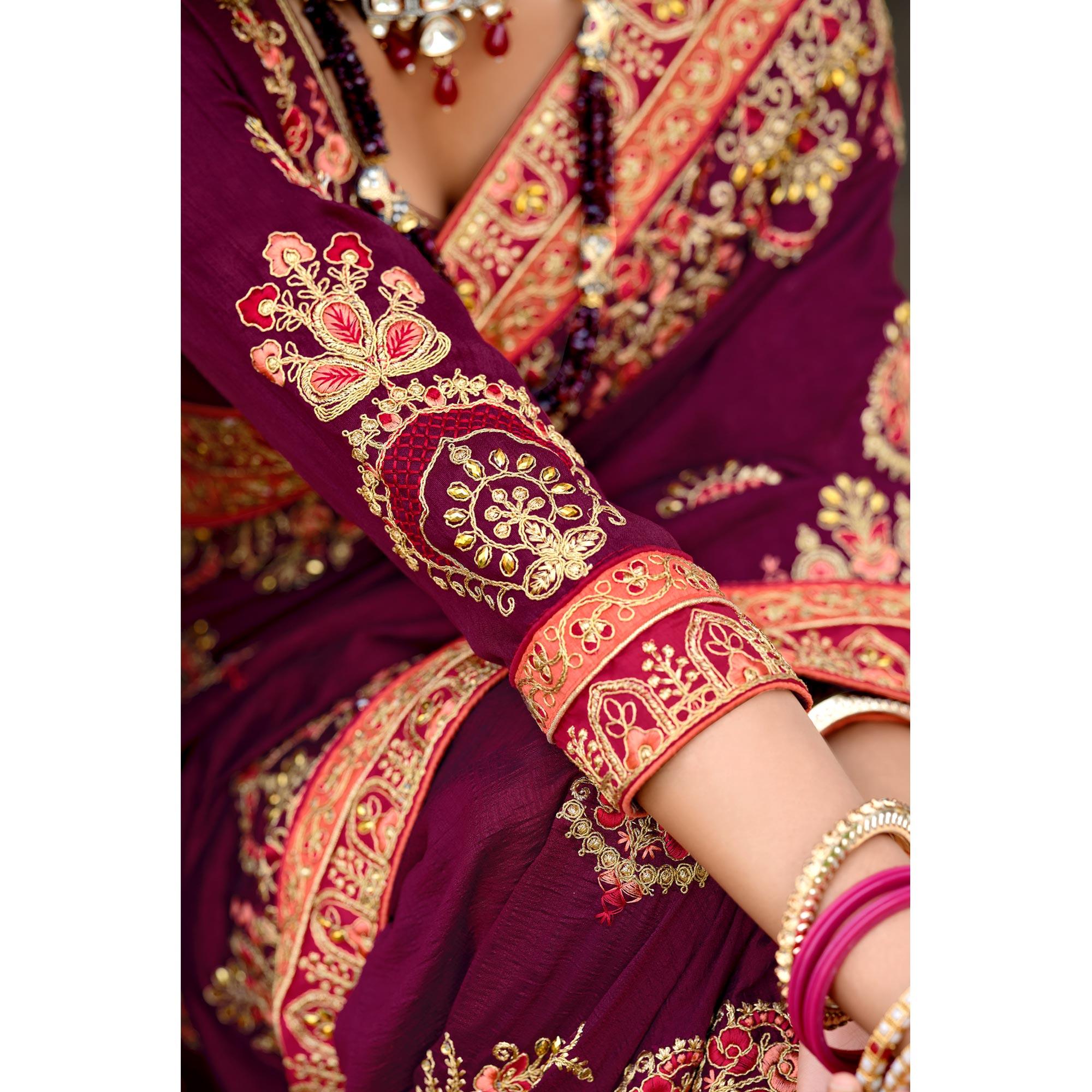 Wine Embellished With Embroidered Vichitra Silk Saree With Tassels - Peachmode
