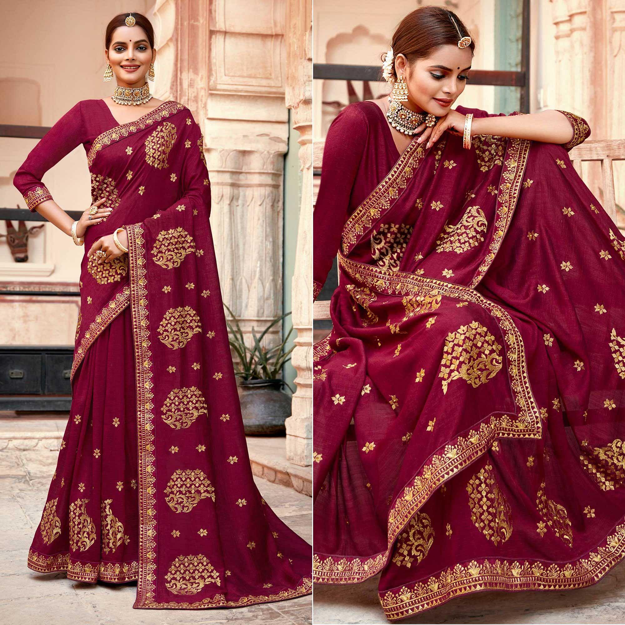Wine Embellished With Woven Vichitra Silk Saree - Peachmode