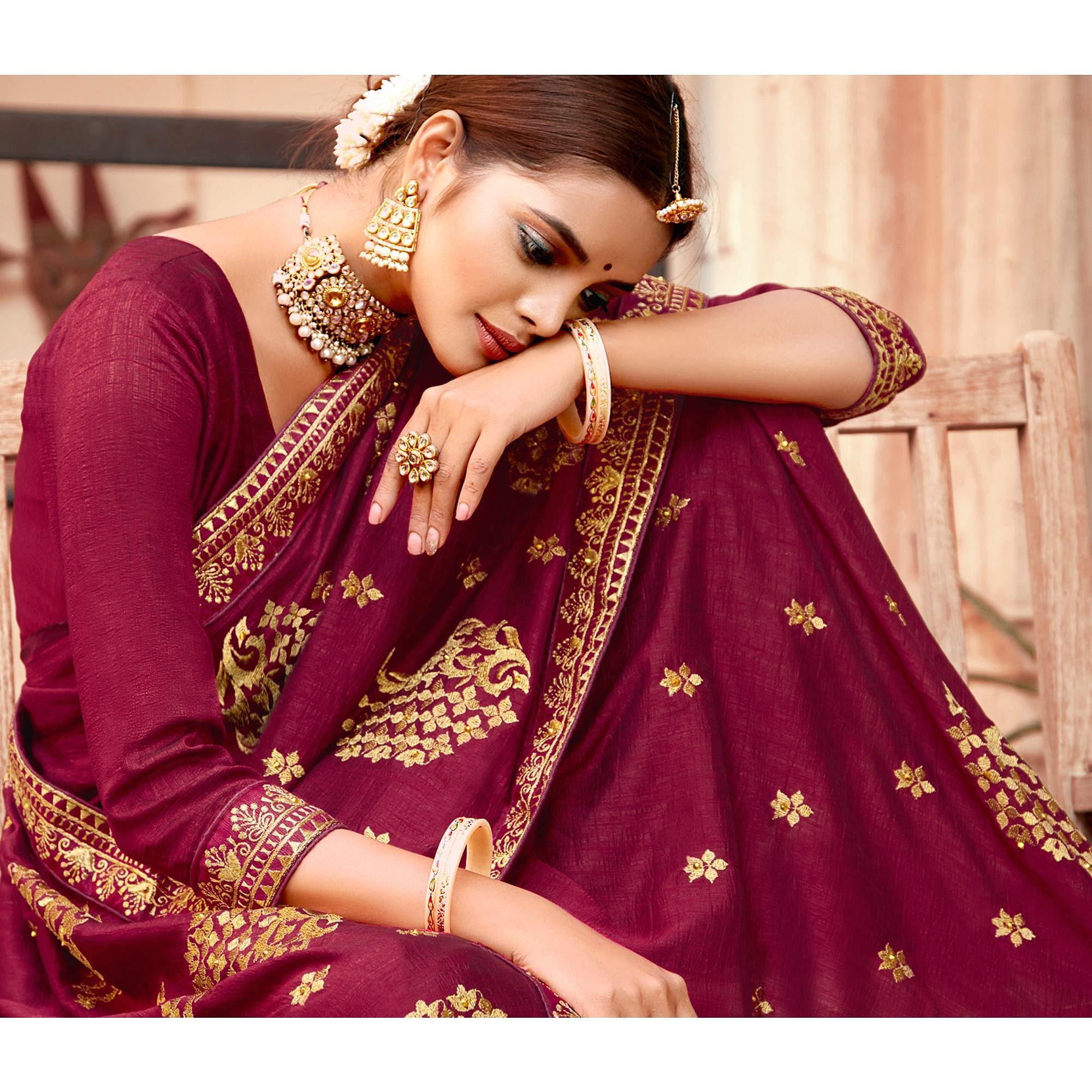 Wine Embellished With Woven Vichitra Silk Saree - Peachmode