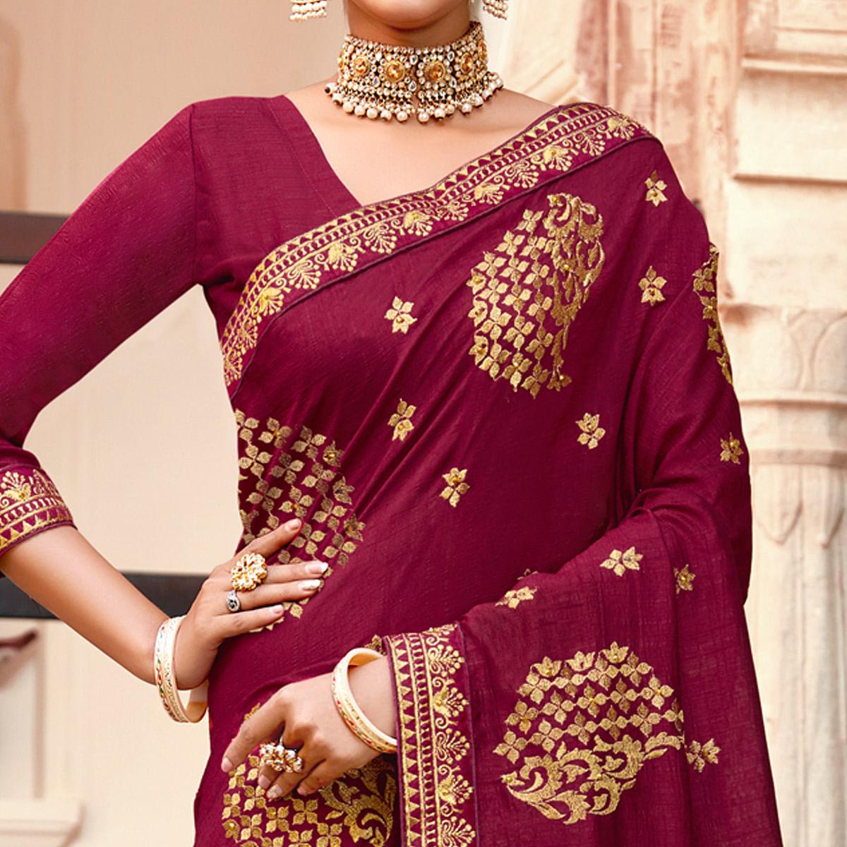 Wine Embellished With Woven Vichitra Silk Saree - Peachmode