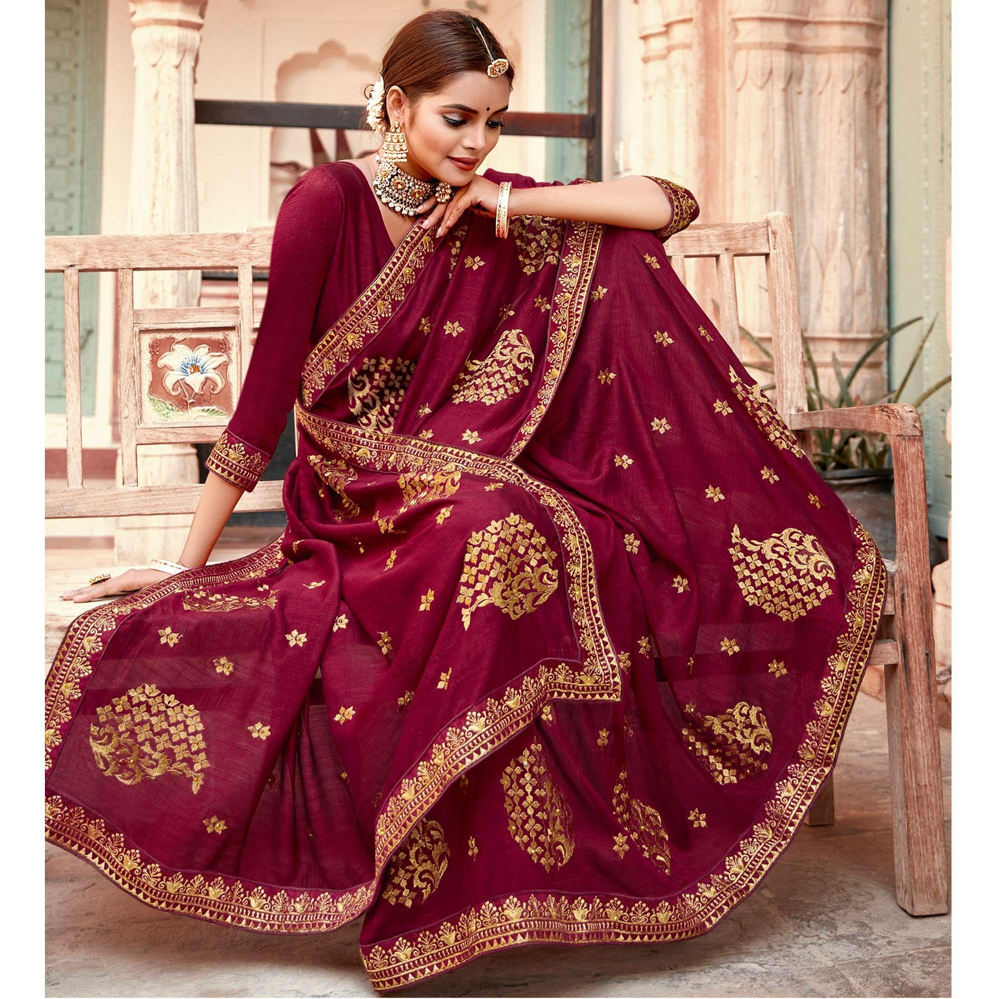 Wine Embellished With Woven Vichitra Silk Saree - Peachmode