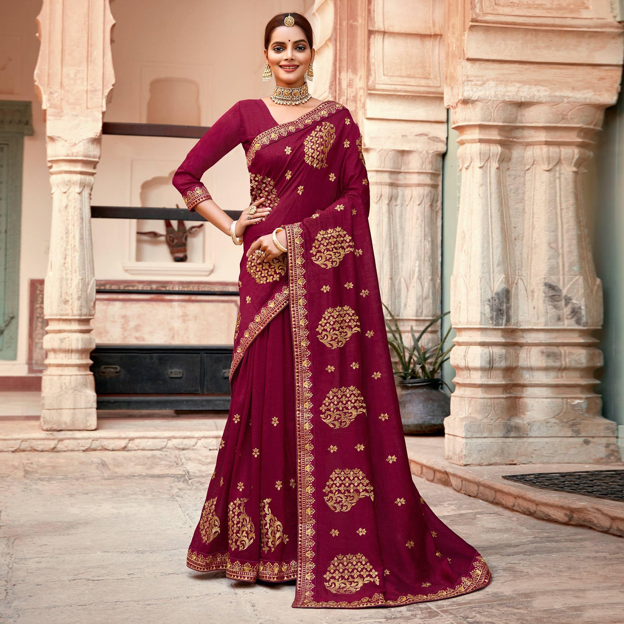 Wine Embellished With Woven Vichitra Silk Saree - Peachmode