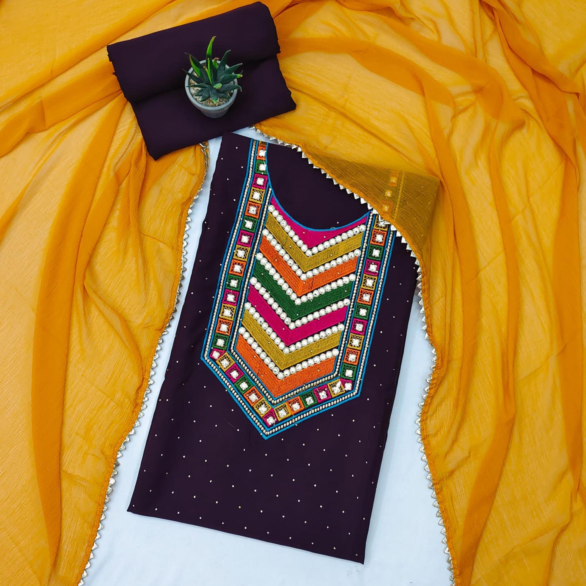 Wine Embroidered Chanderi Dress Material - Peachmode