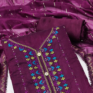 Wine Embroidered Chanderi Dress Material - Peachmode
