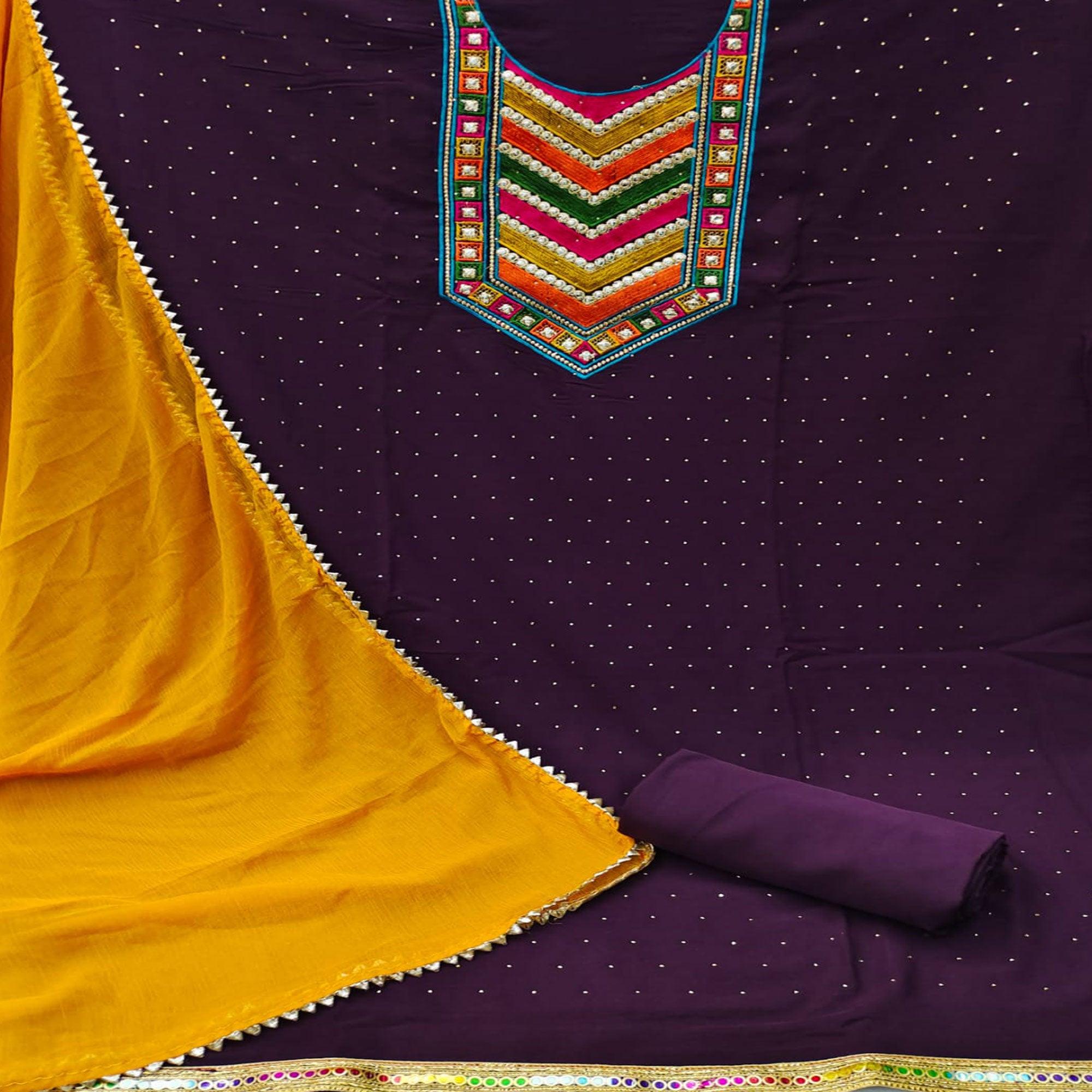 Wine Embroidered Chanderi Dress Material - Peachmode
