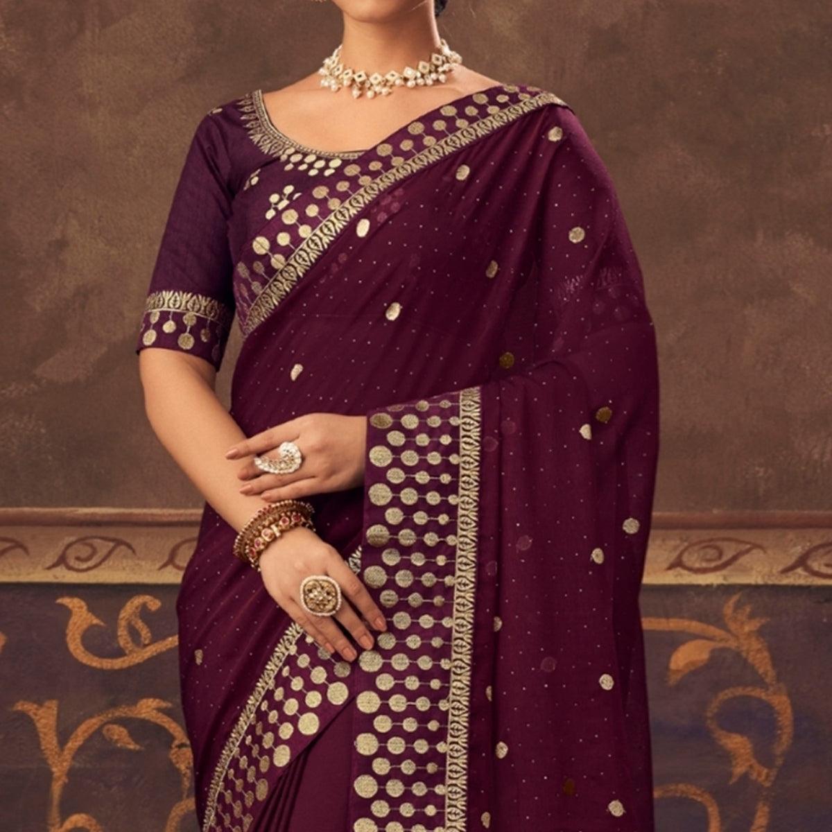 Wine Embroidered Chiffon Saree - Peachmode