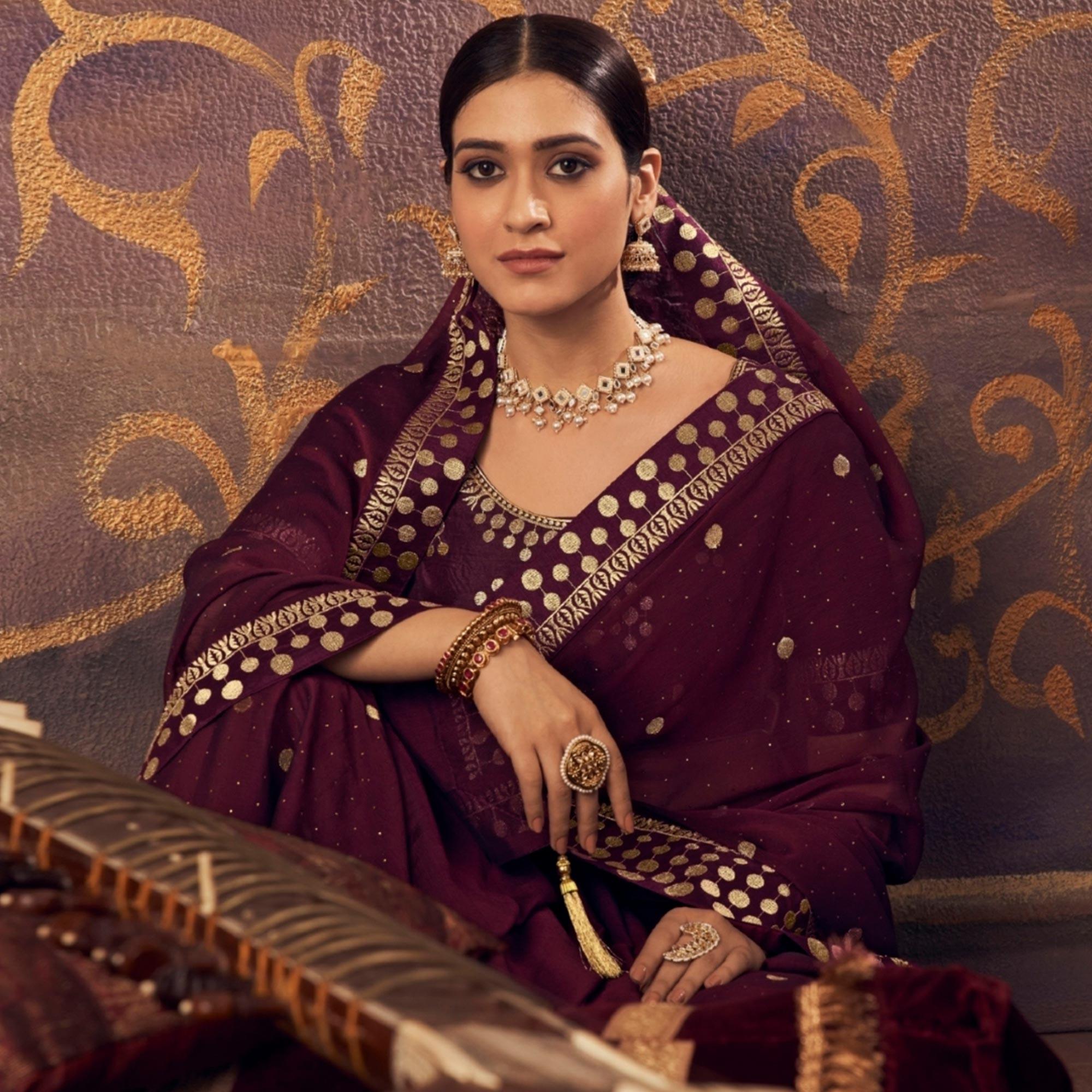 Wine Embroidered Chiffon Saree - Peachmode