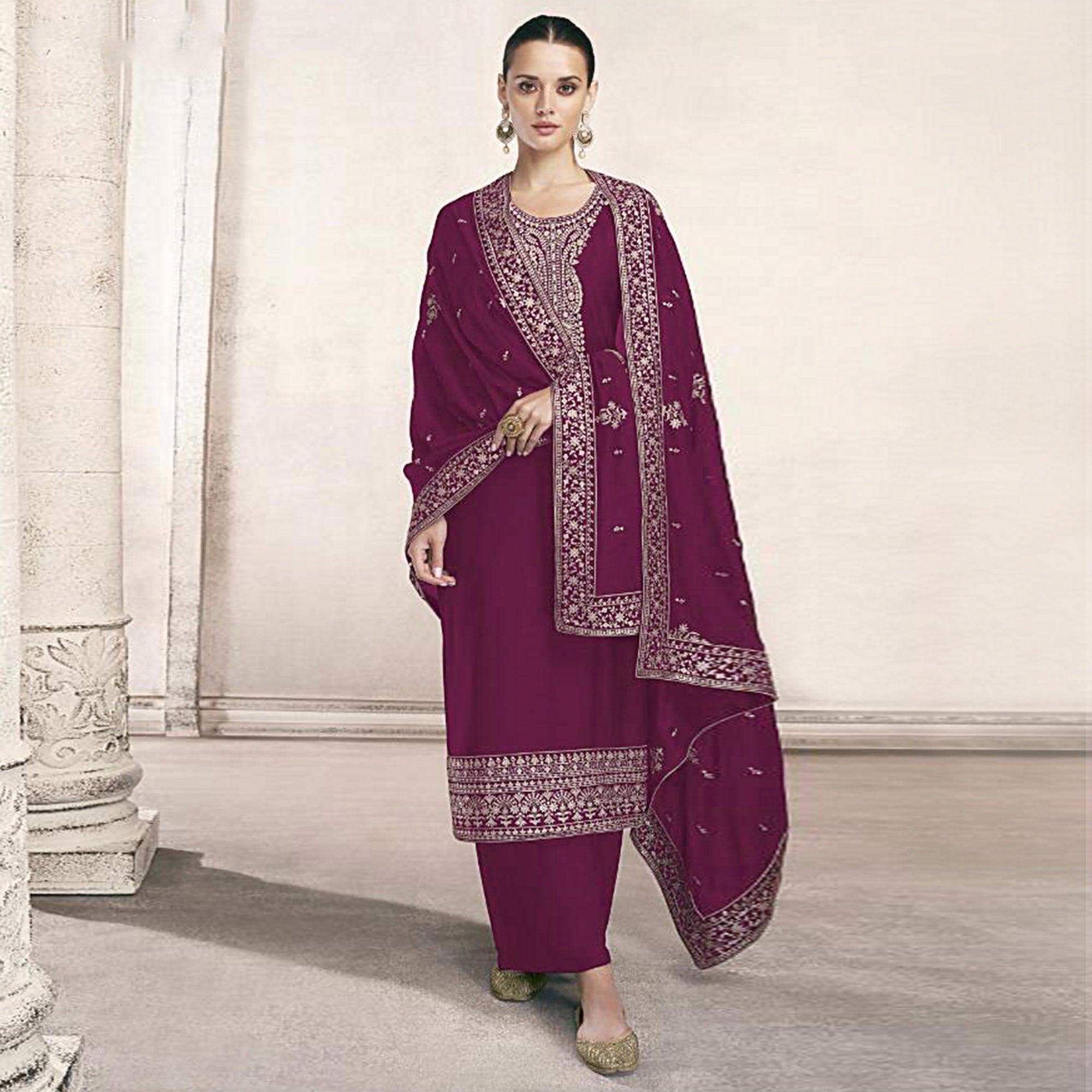 Wine Embroidered Dola Silk Salwar Suit - Peachmode