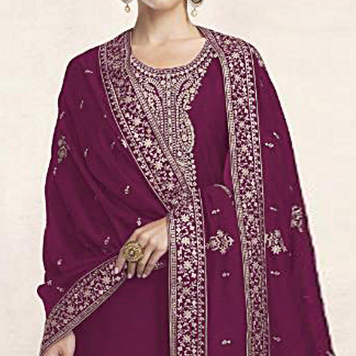 Wine Embroidered Dola Silk Salwar Suit - Peachmode