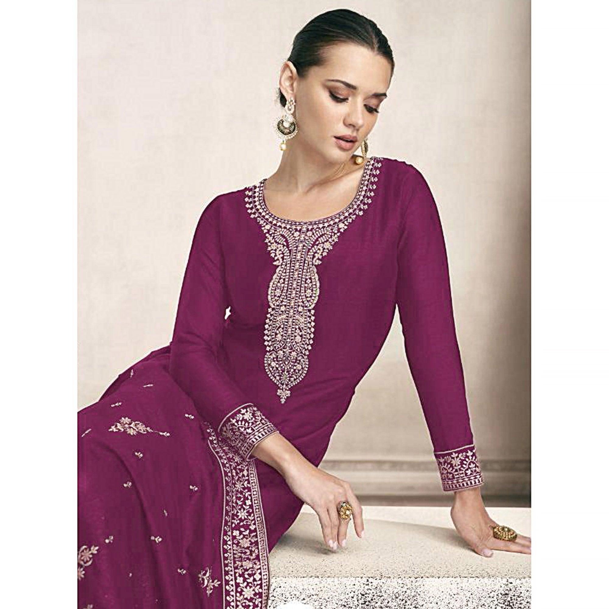 Wine Embroidered Dola Silk Salwar Suit - Peachmode