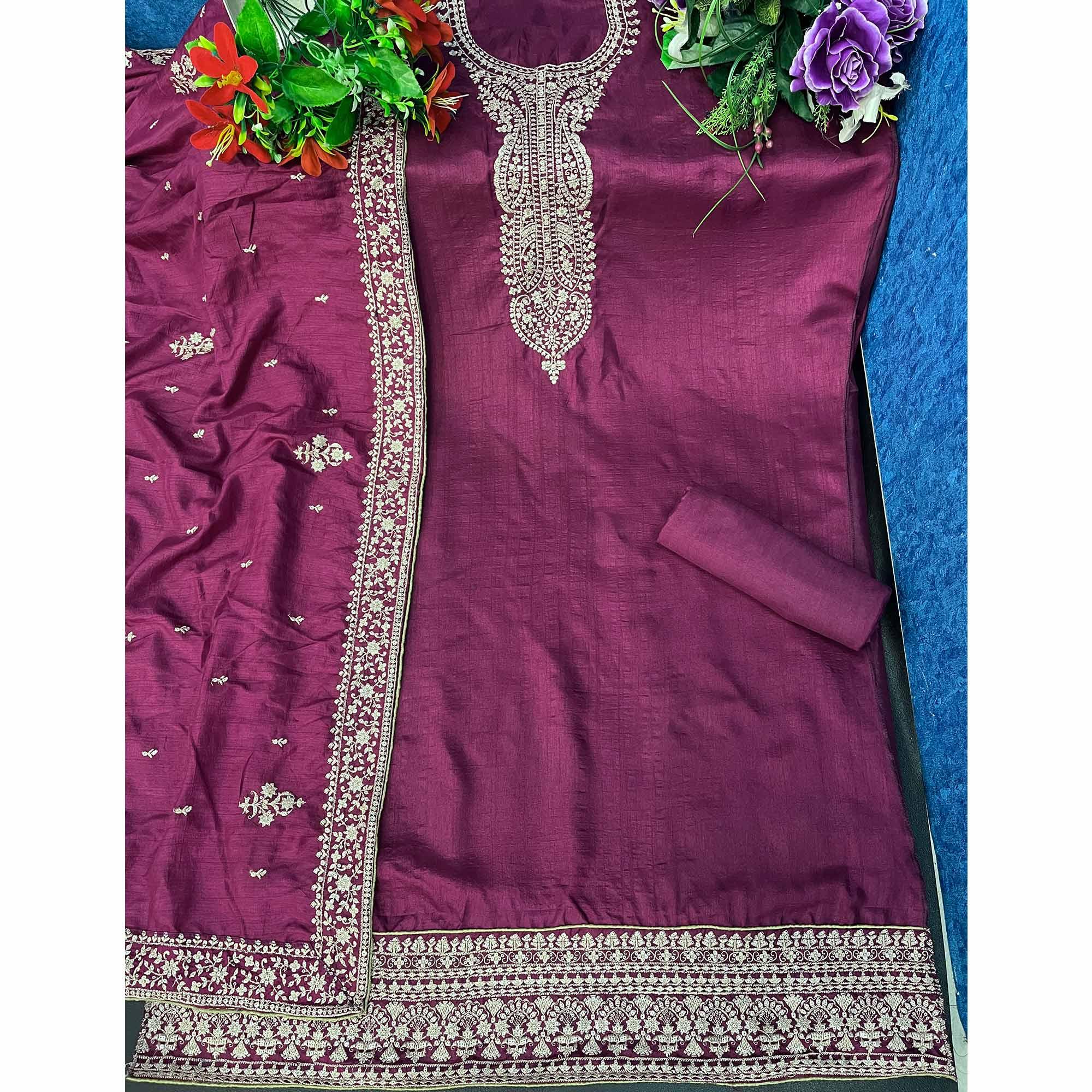 Wine Embroidered Dola Silk Salwar Suit - Peachmode