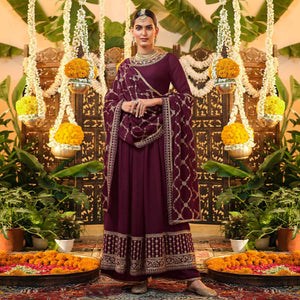Wine Embroidered Georgette Anarkali Suit - Peachmode
