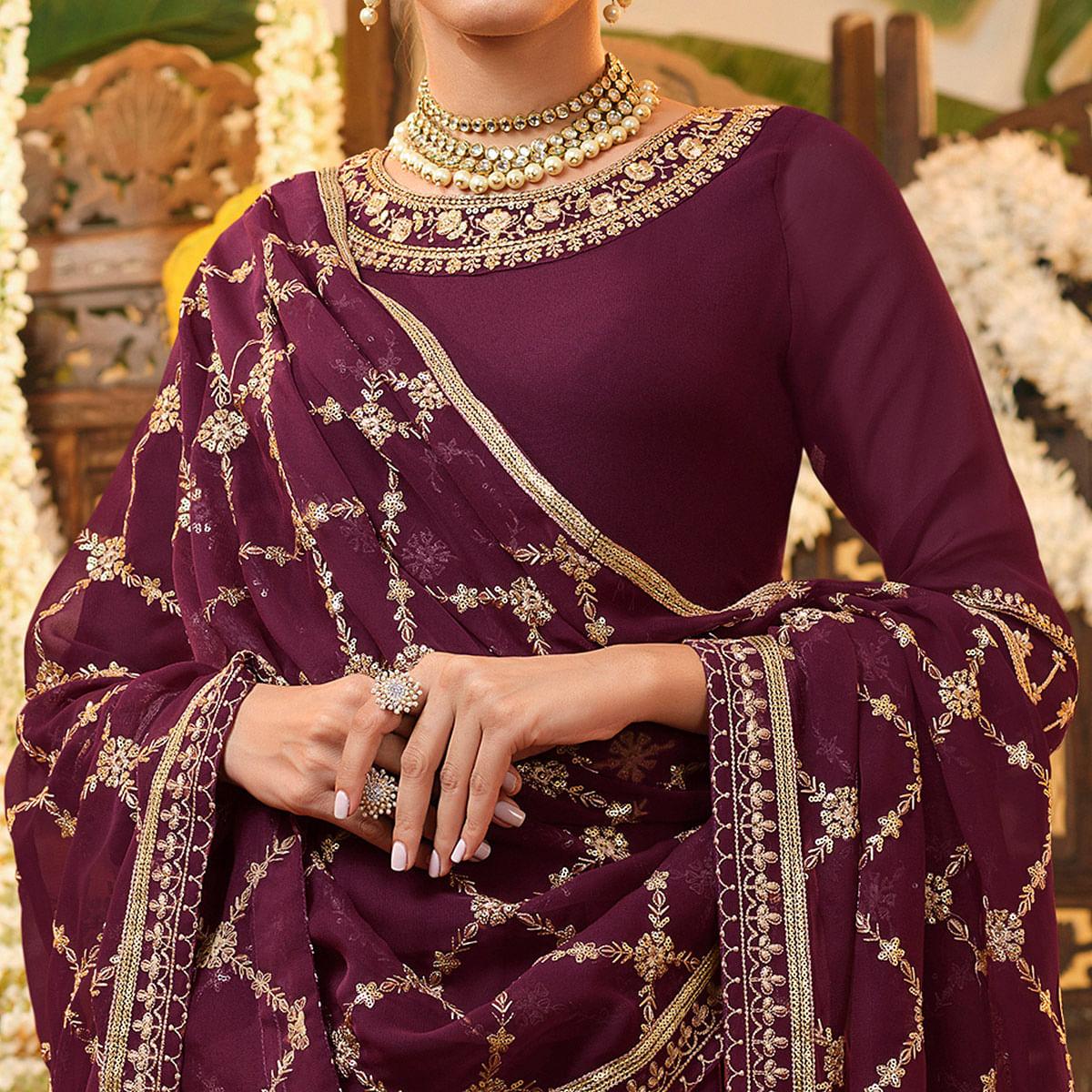 Wine Embroidered Georgette Anarkali Suit - Peachmode