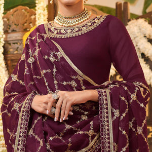 Wine Embroidered Georgette Anarkali Suit - Peachmode