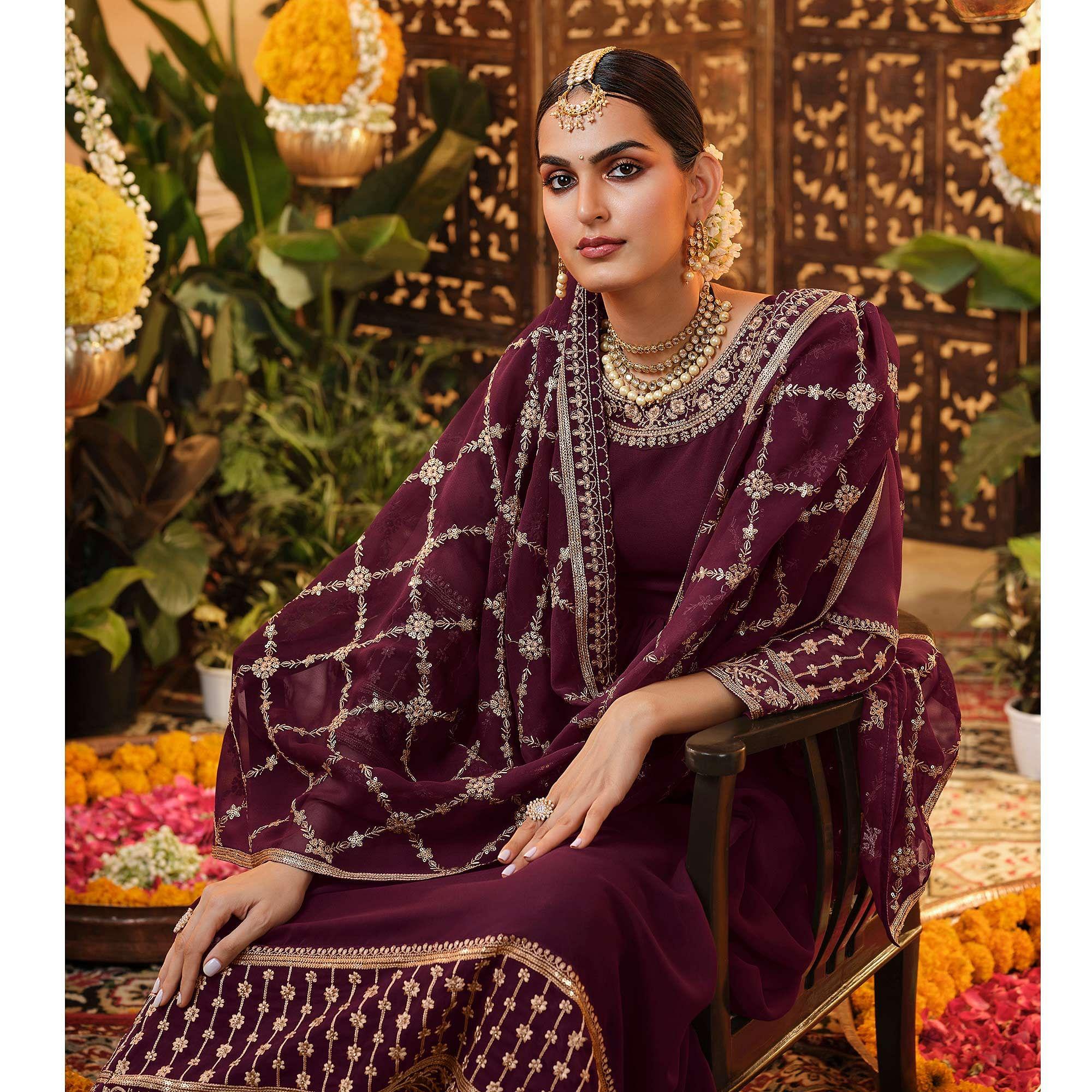 Wine Embroidered Georgette Anarkali Suit - Peachmode