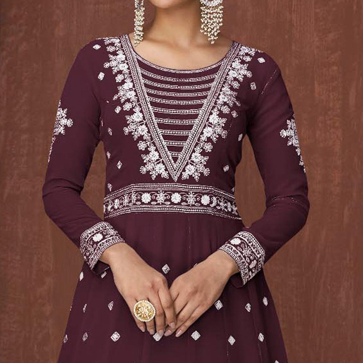 Wine Embroidered Georgette Gown - Peachmode