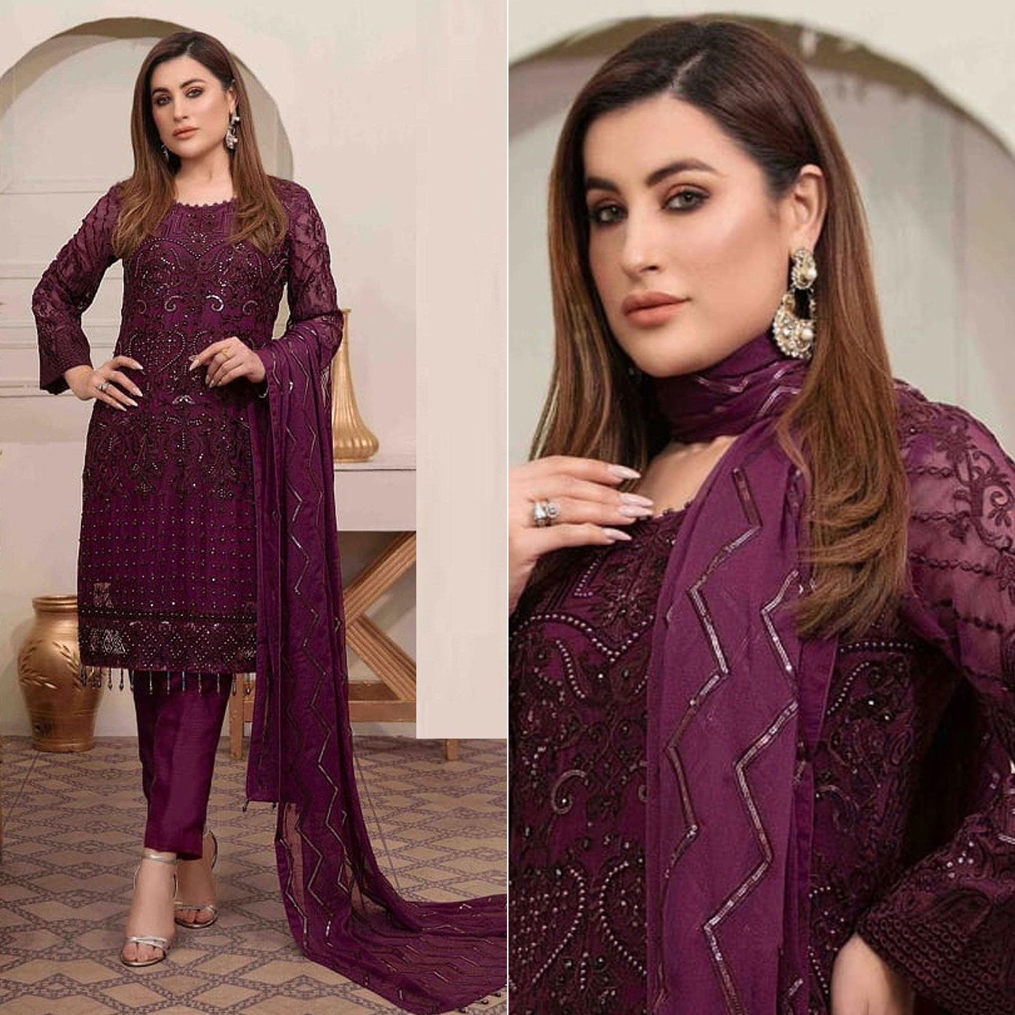 Wine Embroidered Georgette Pakistani Suit - Peachmode