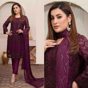 Wine Embroidered Georgette Pakistani Suit - Peachmode