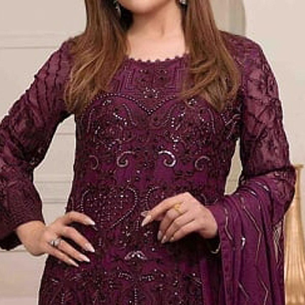 Wine Embroidered Georgette Pakistani Suit - Peachmode