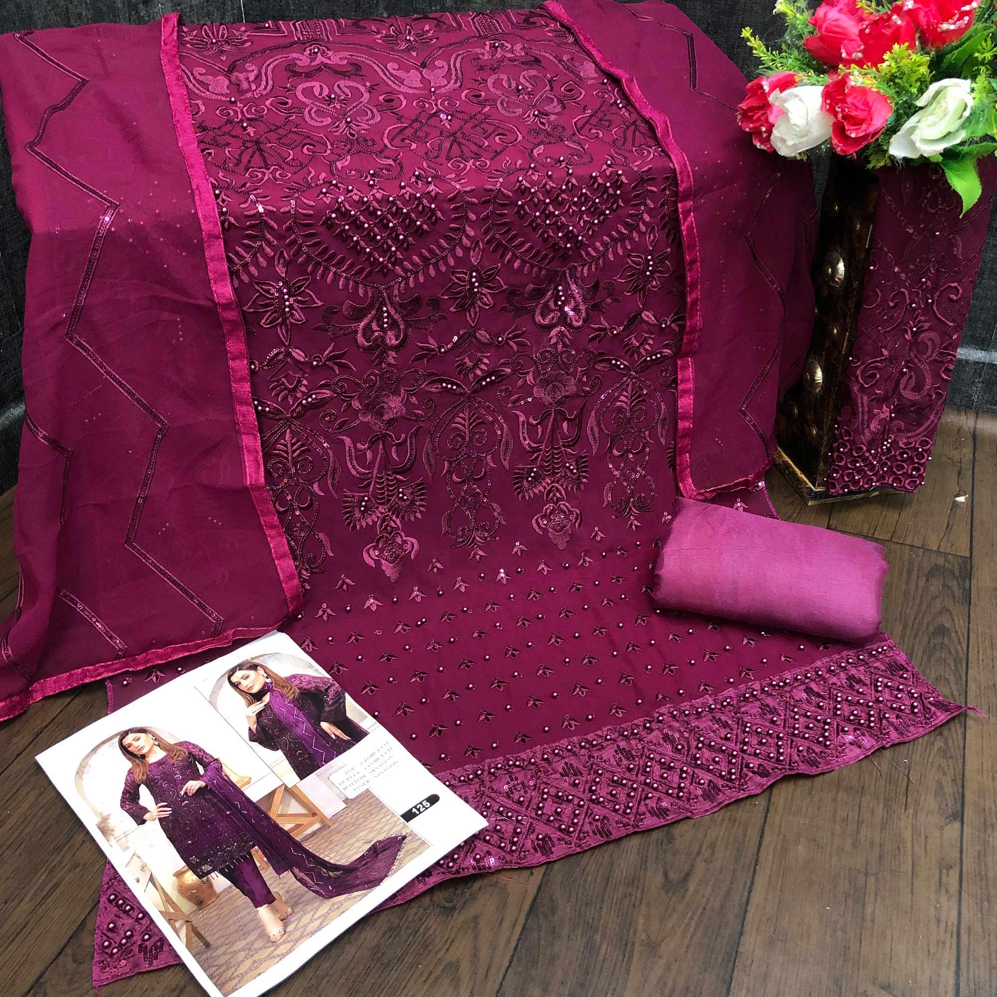 Wine Embroidered Georgette Pakistani Suit - Peachmode