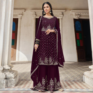 Wine Embroidered Georgette Palazzo Suit - Peachmode