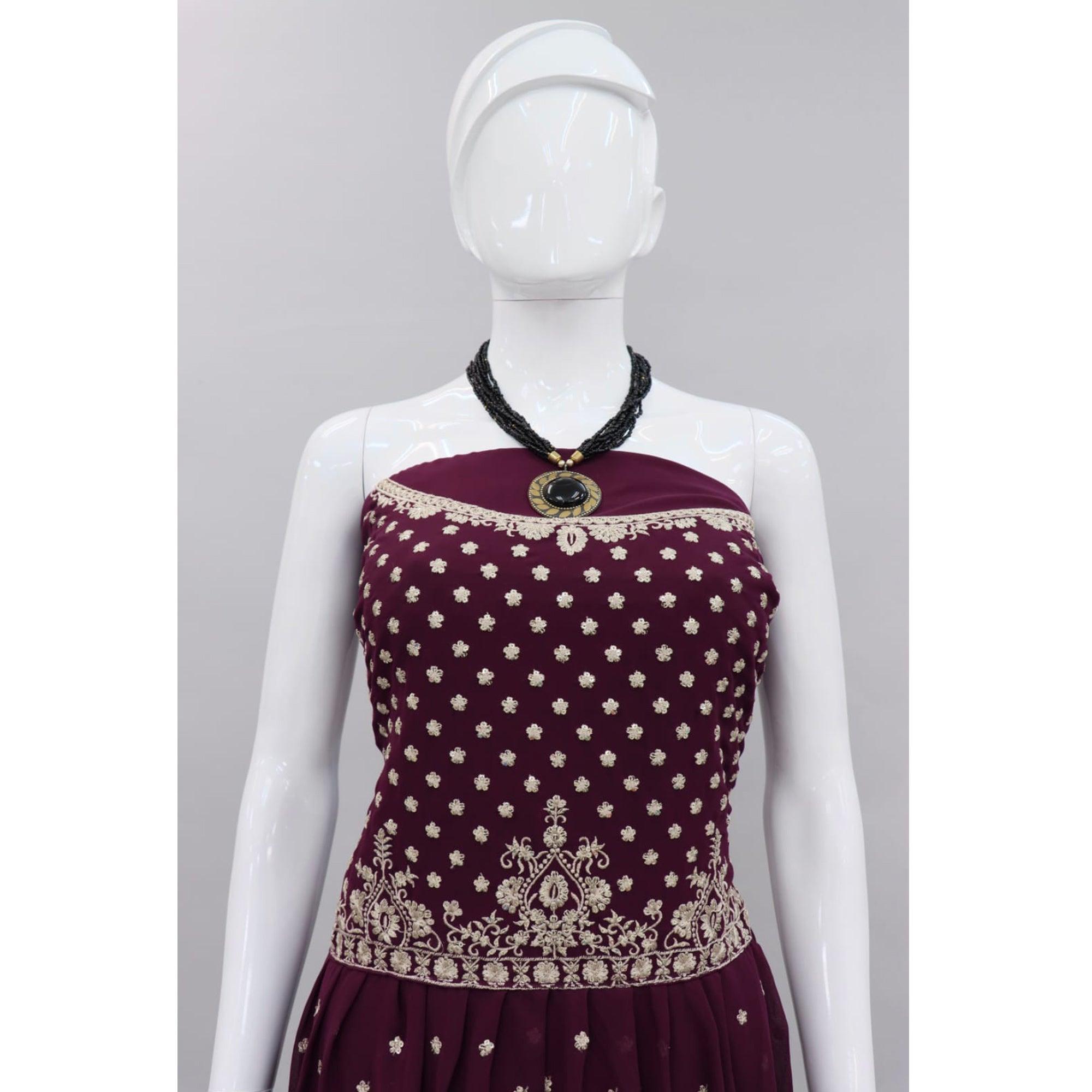 Wine Embroidered Georgette Palazzo Suit - Peachmode