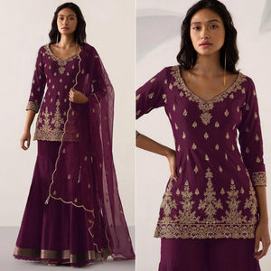 Wine Embroidered Georgette Sharara Suit - Peachmode