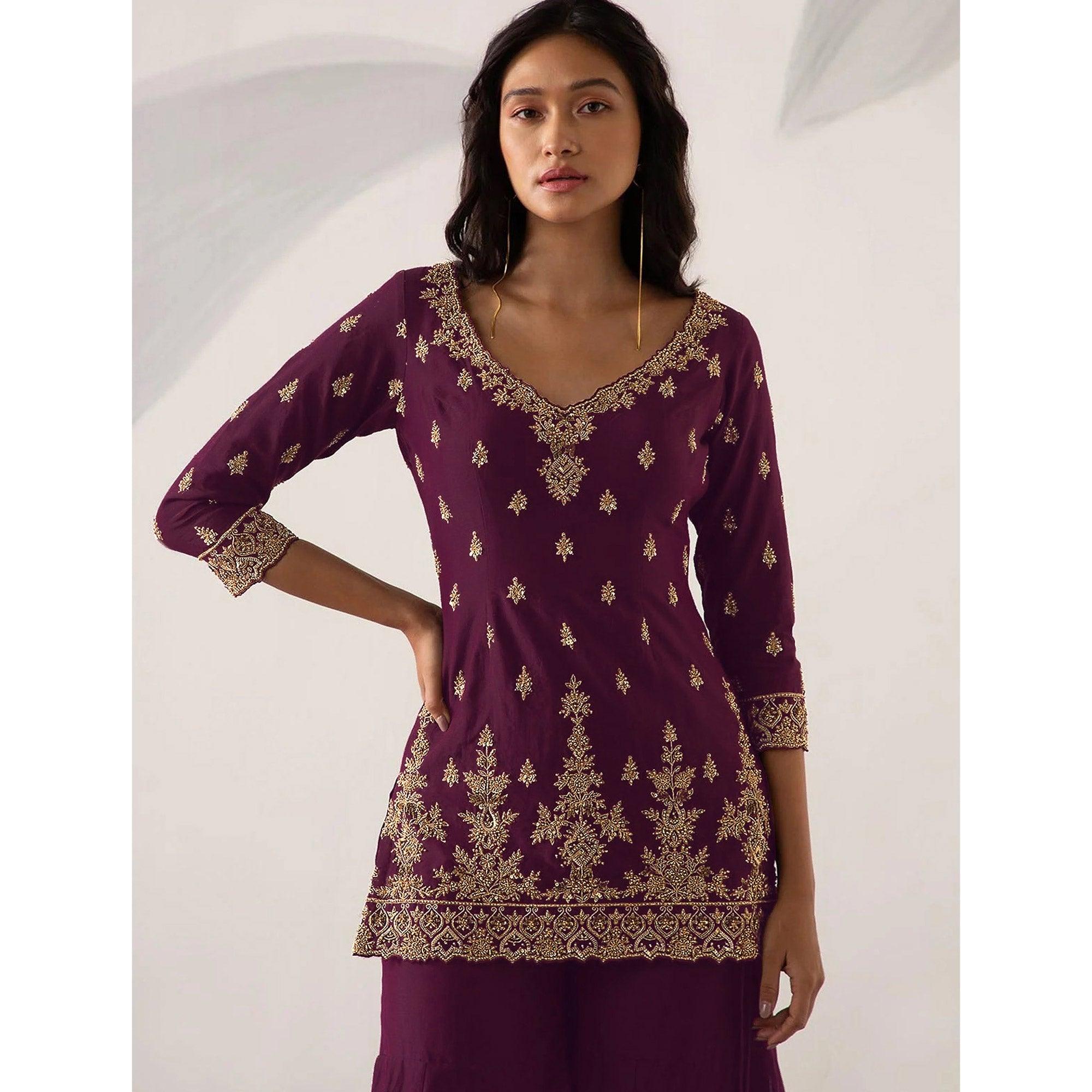 Wine Embroidered Georgette Sharara Suit - Peachmode
