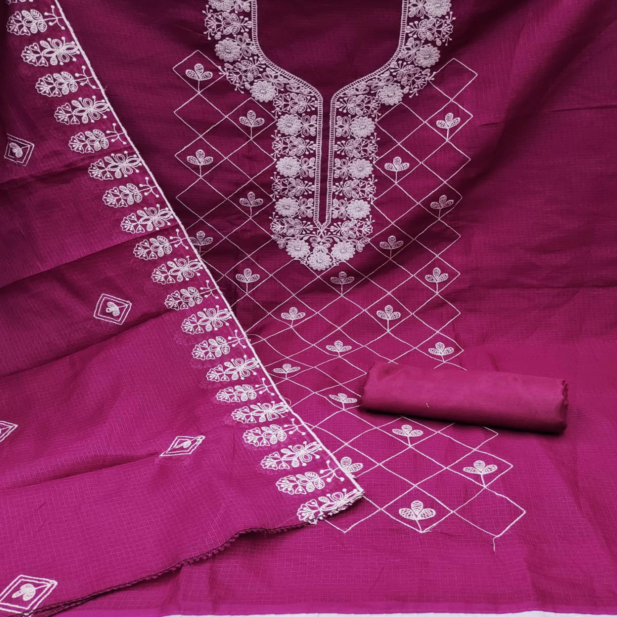 Wine Embroidered Kota Doria Dress Material - Peachmode