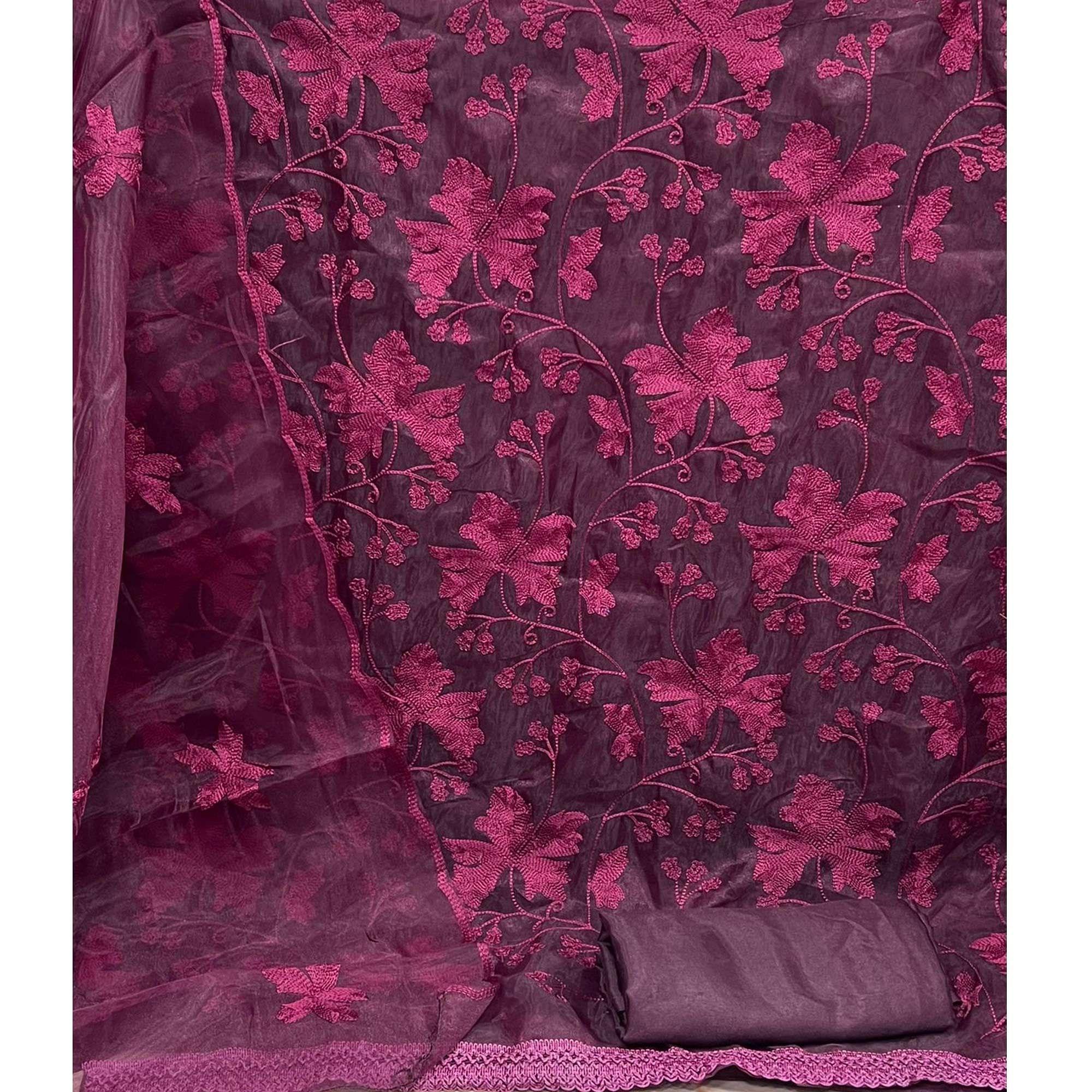 Wine Embroidered Organza Dress Material - Peachmode