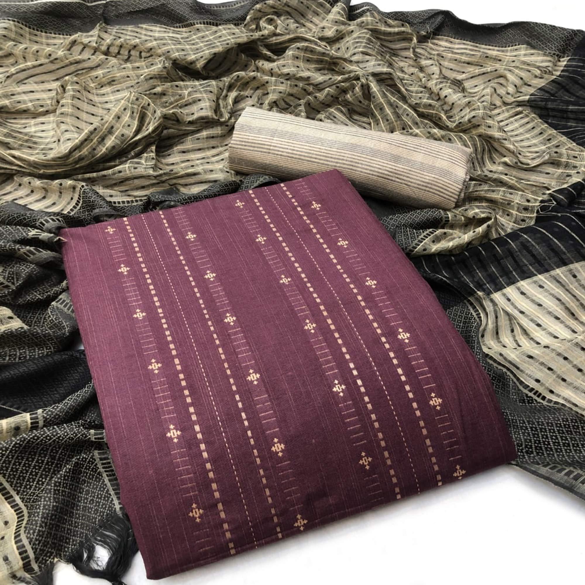 Wine Embroidered Pure Cotton Dress Material - Peachmode