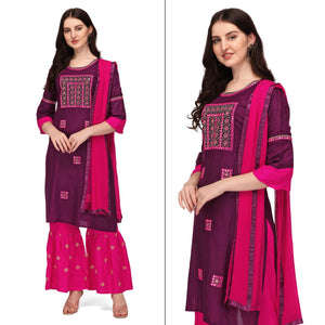 Wine Embroidered Rayon Palazzo Suit - Peachmode