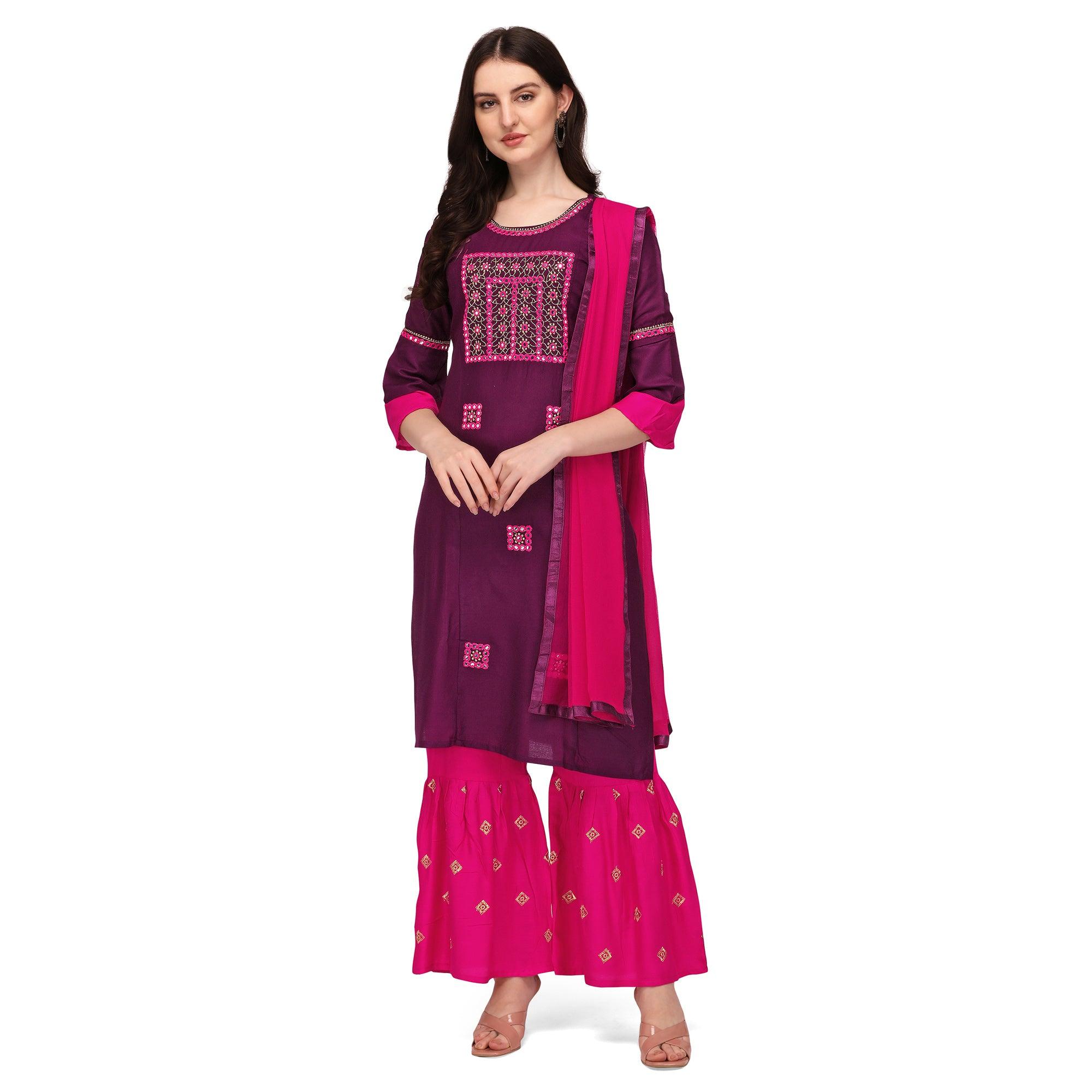 Wine Embroidered Rayon Palazzo Suit - Peachmode