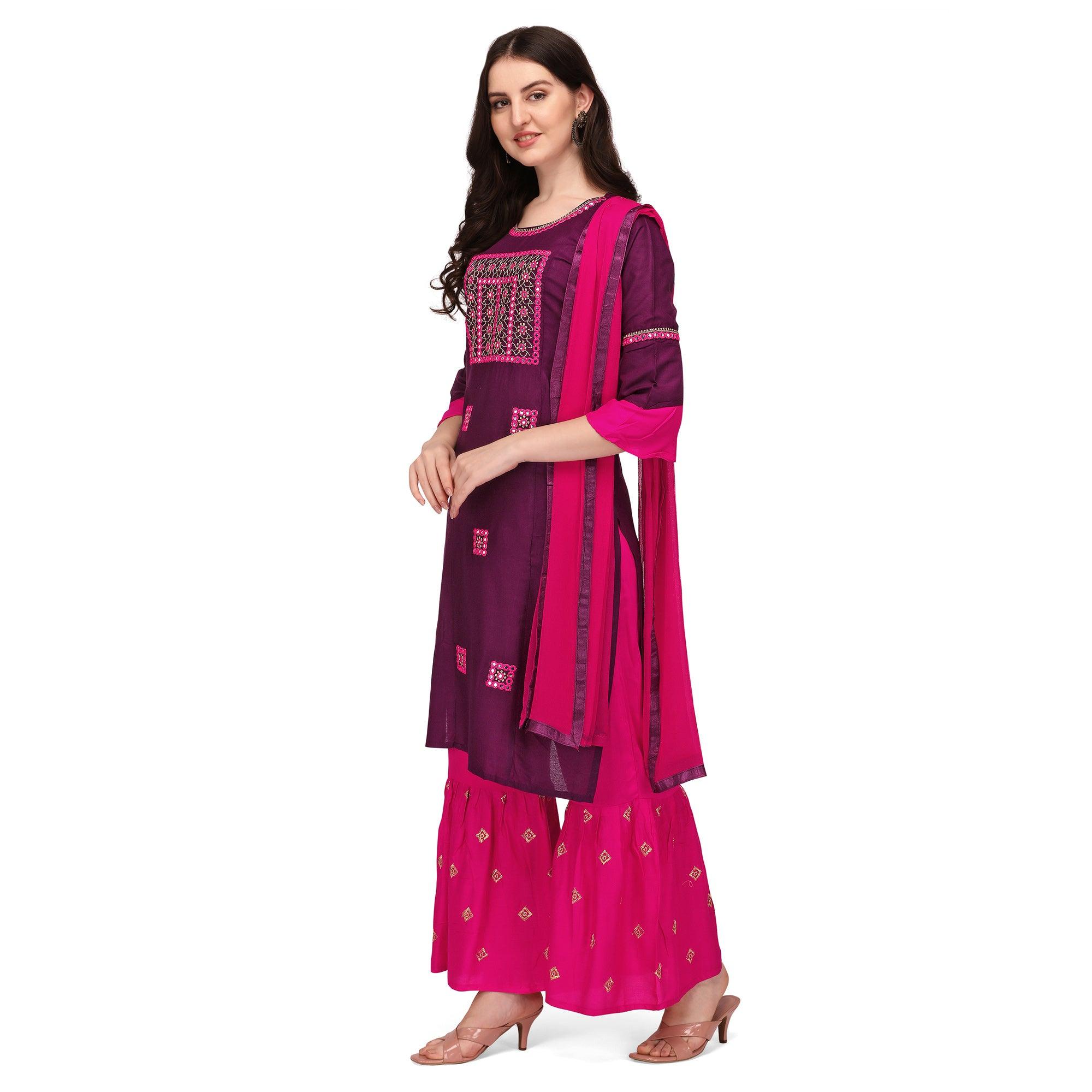 Wine Embroidered Rayon Palazzo Suit - Peachmode